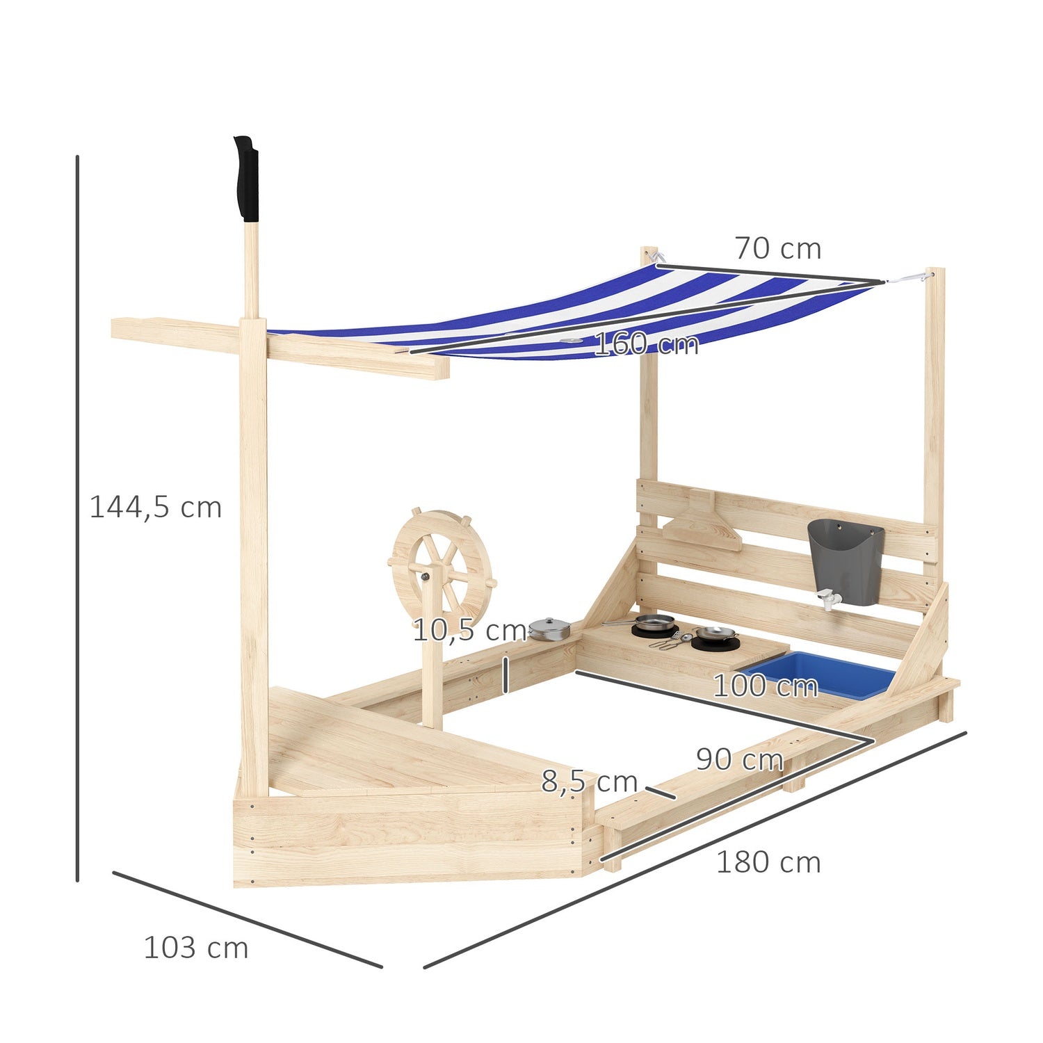 Sandlåda av trä med lock – Skeppsdesign, 180x103x144,5 cm