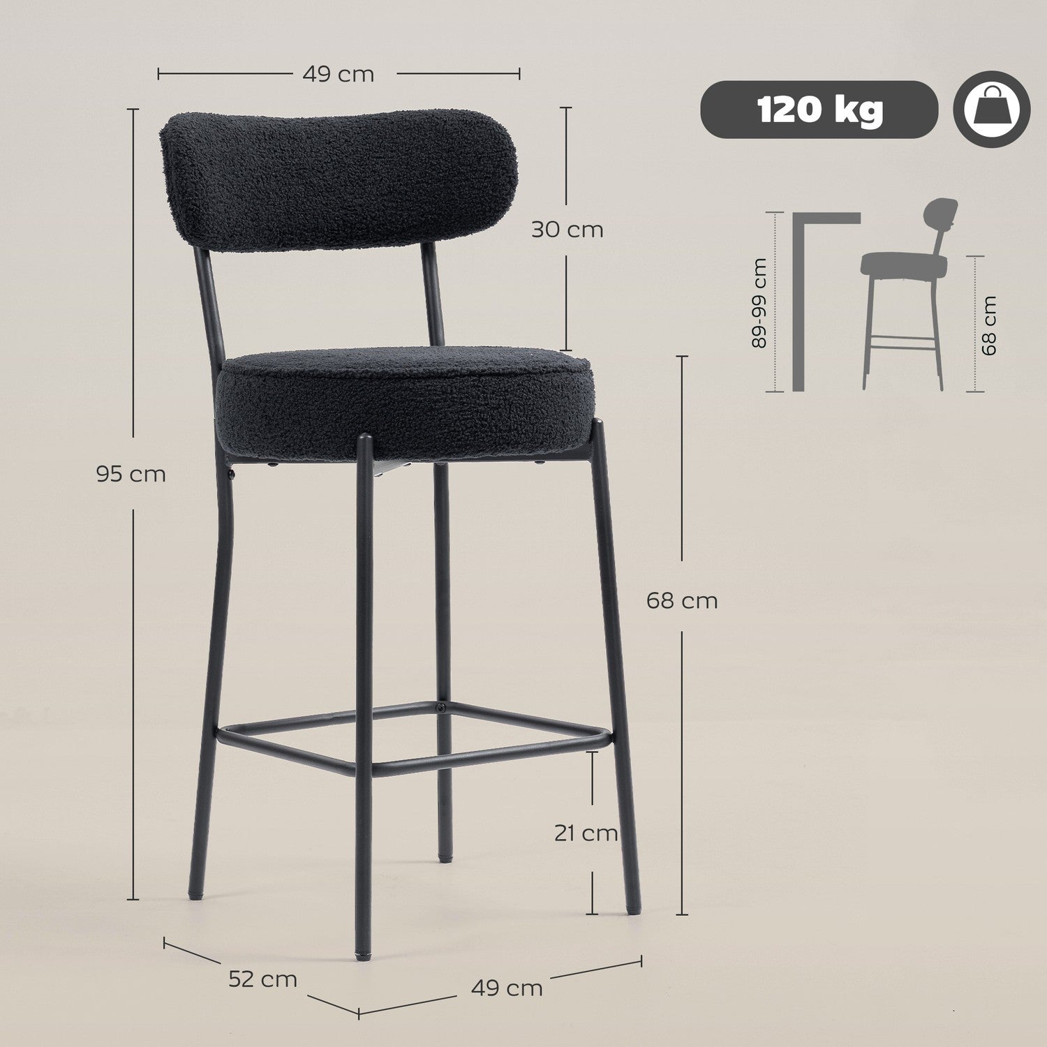 Set med 2 barstolar, stoppad sits, fleece, svart