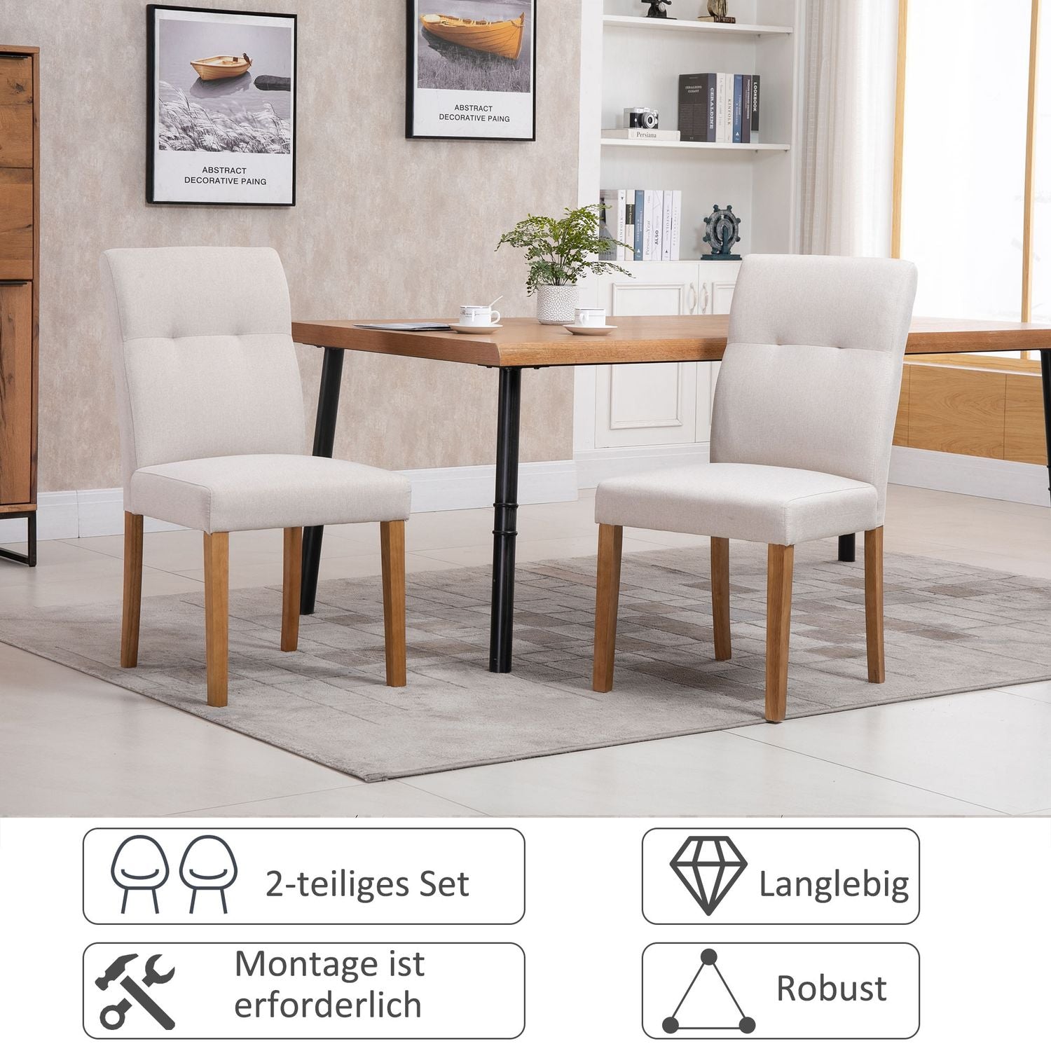 Set med 2 beige matstolar, vadderad sits, linneblandning