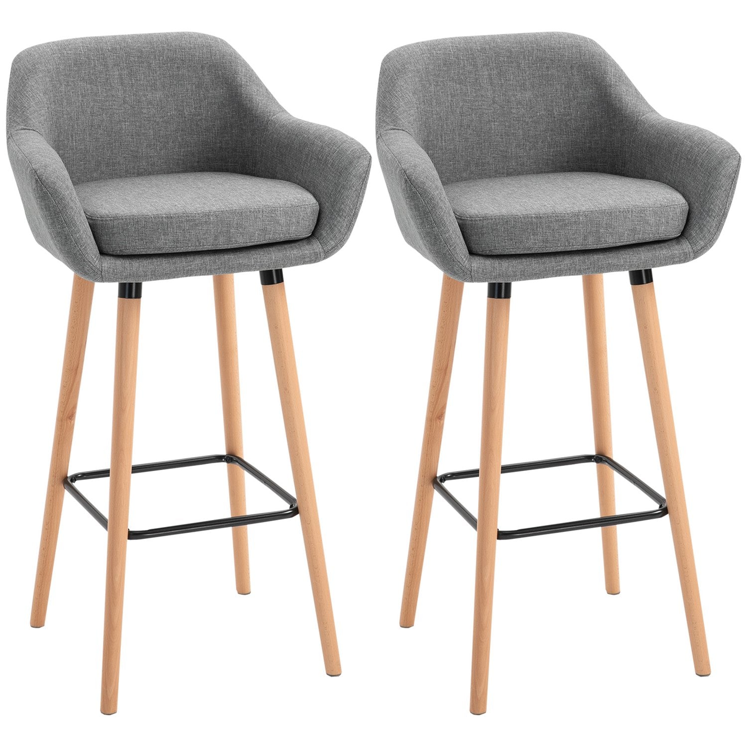 Set med 2 grå barstolar, linnekuddar, fotstöd