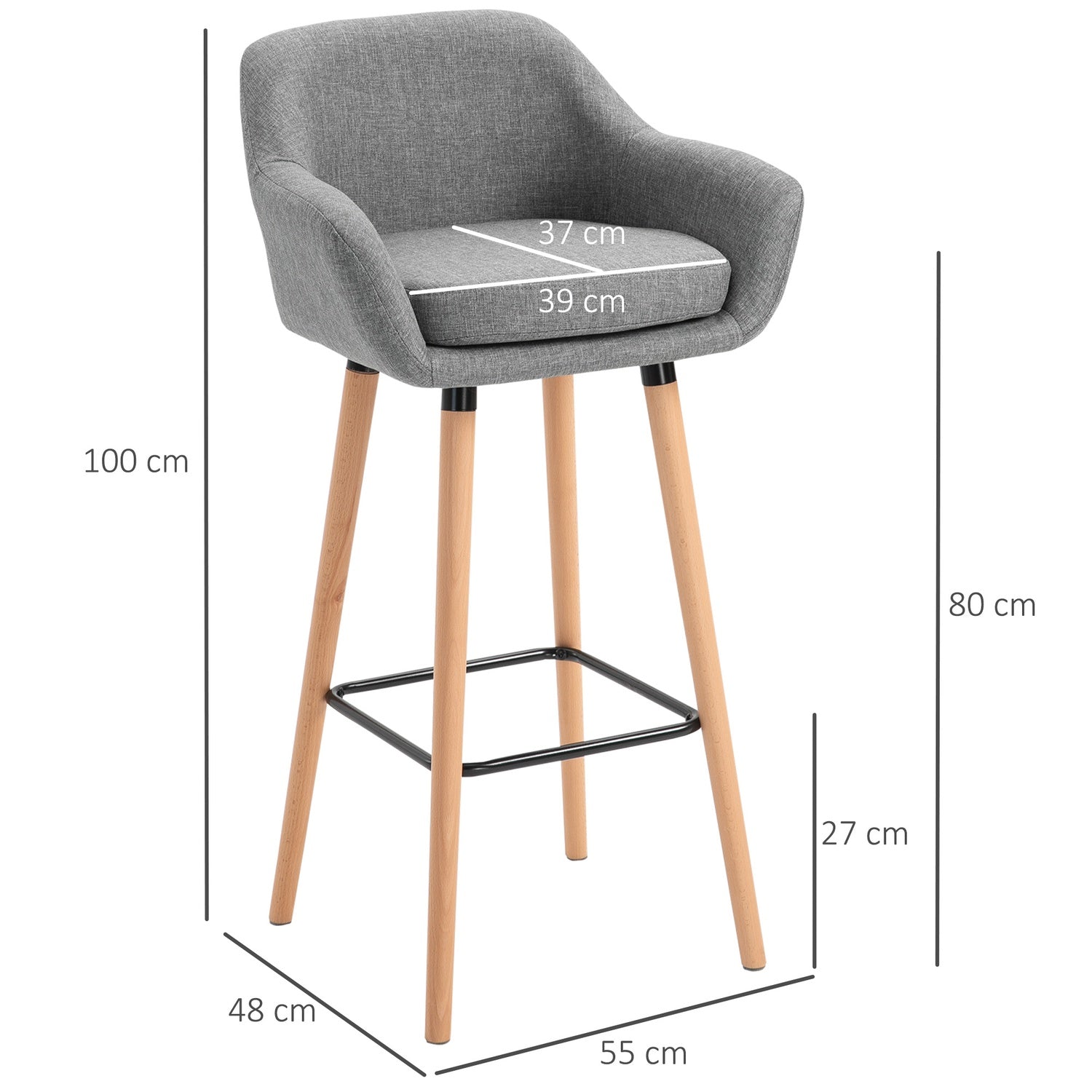 Set med 2 grå barstolar, linnekuddar, fotstöd