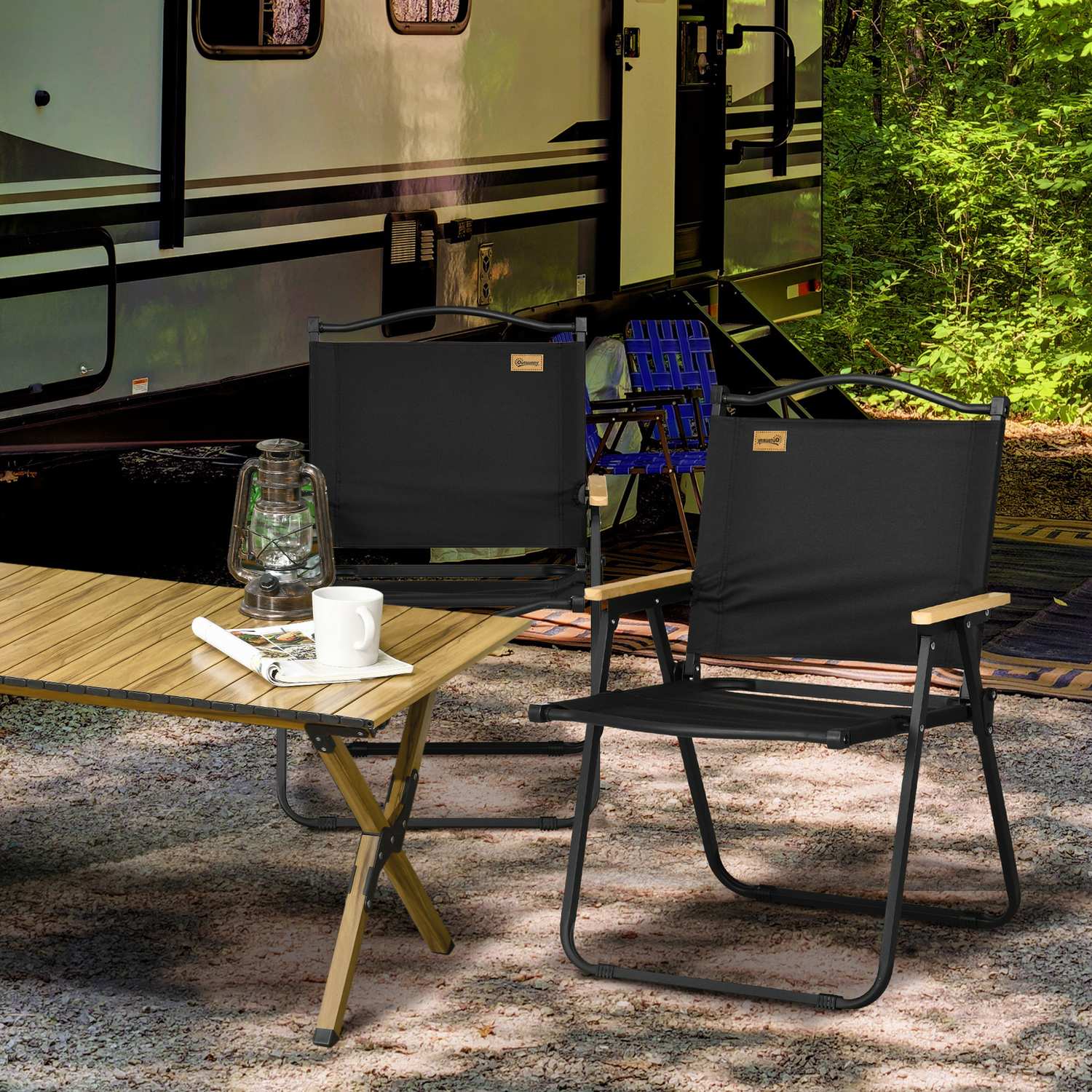 Set med 2 hopfällbara campingstolar, svart stålram