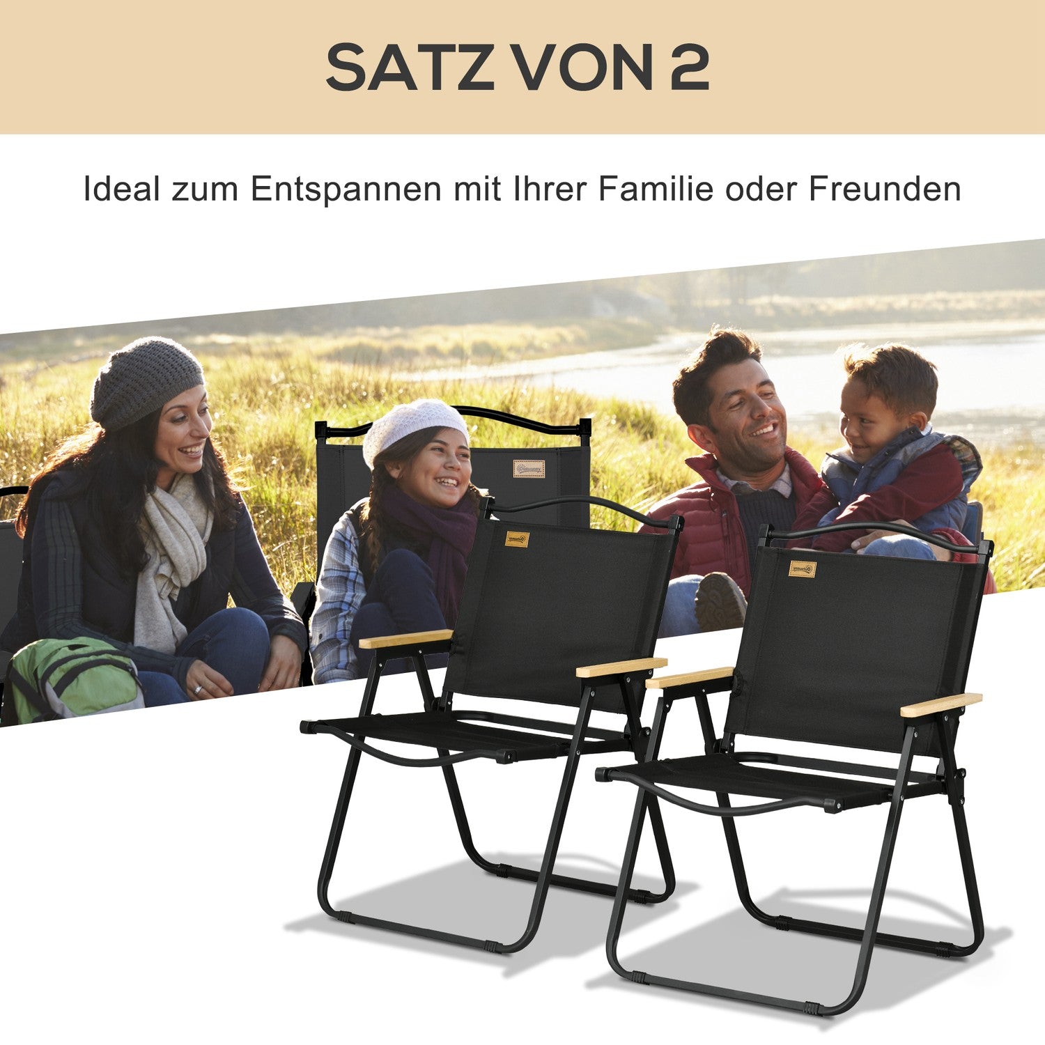 Set med 2 hopfällbara campingstolar, svart stålram