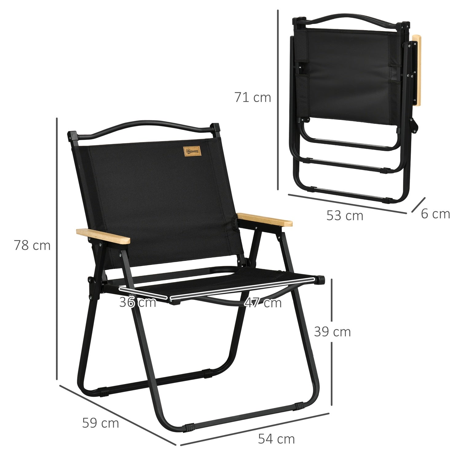 Set med 2 hopfällbara campingstolar, svart stålram