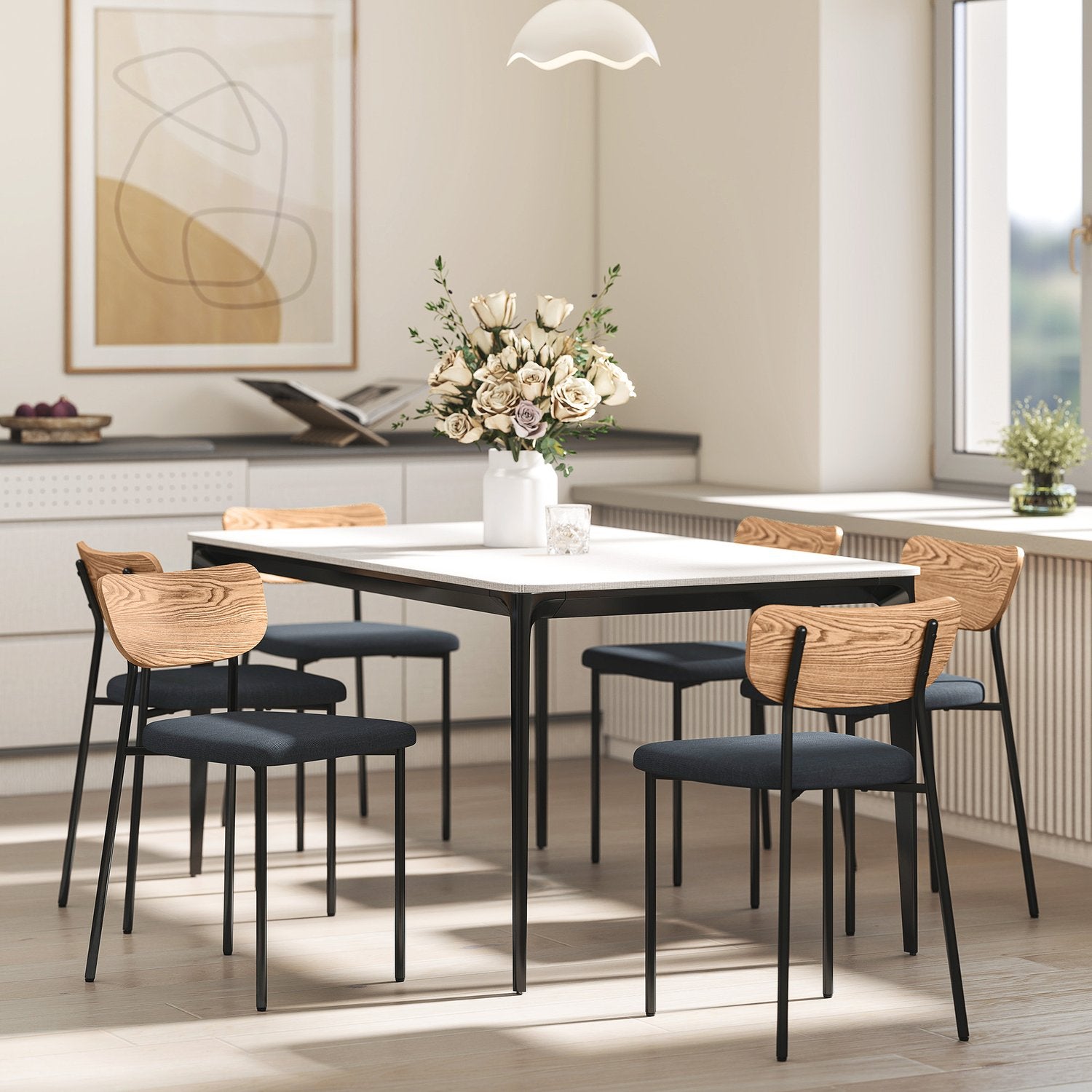 Set med 2 matstolar, linnelook, armlös design, metallben, grå