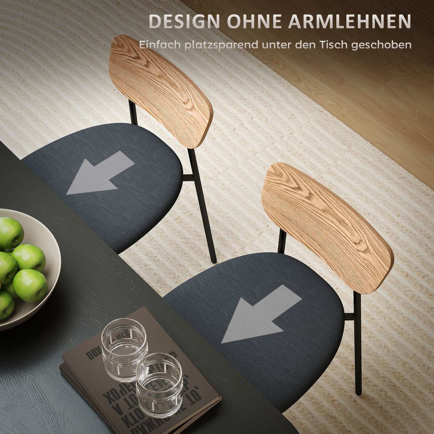 Set med 2 matstolar, linnelook, armlös design, metallben, grå