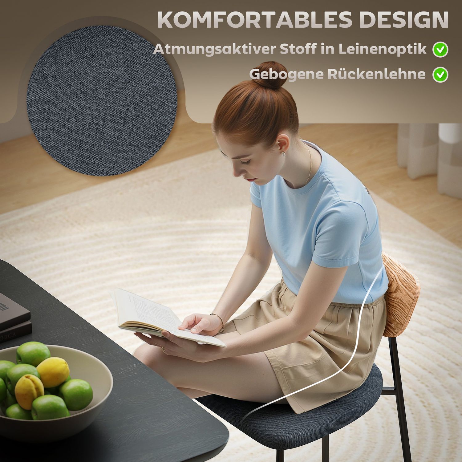 Set med 2 matstolar, linnelook, armlös design, metallben, grå
