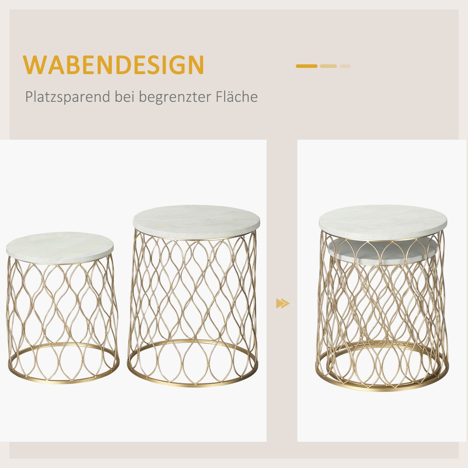 Set med 2 metall utomhus sidobord, guld & vit design