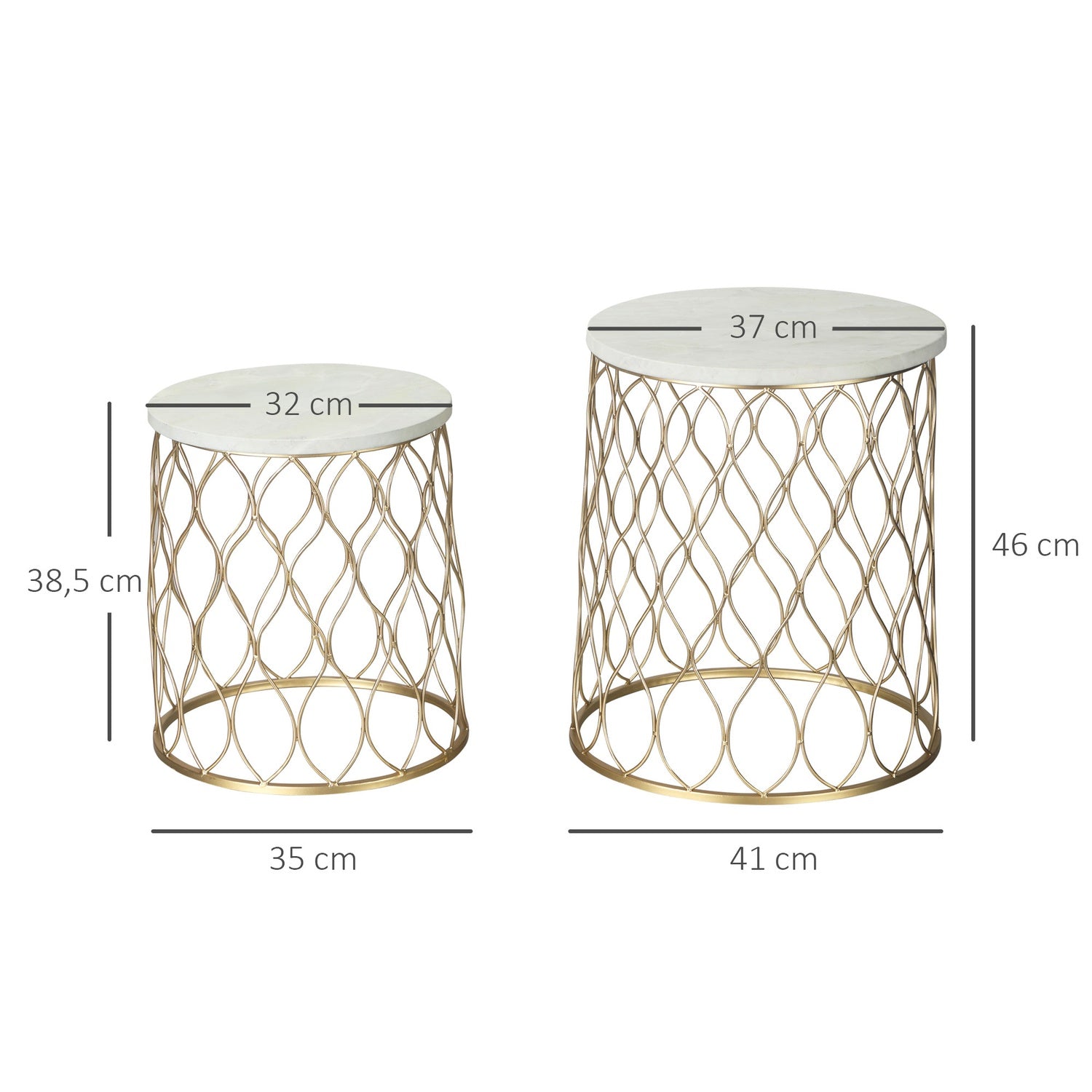 Set med 2 metall utomhus sidobord, guld & vit design
