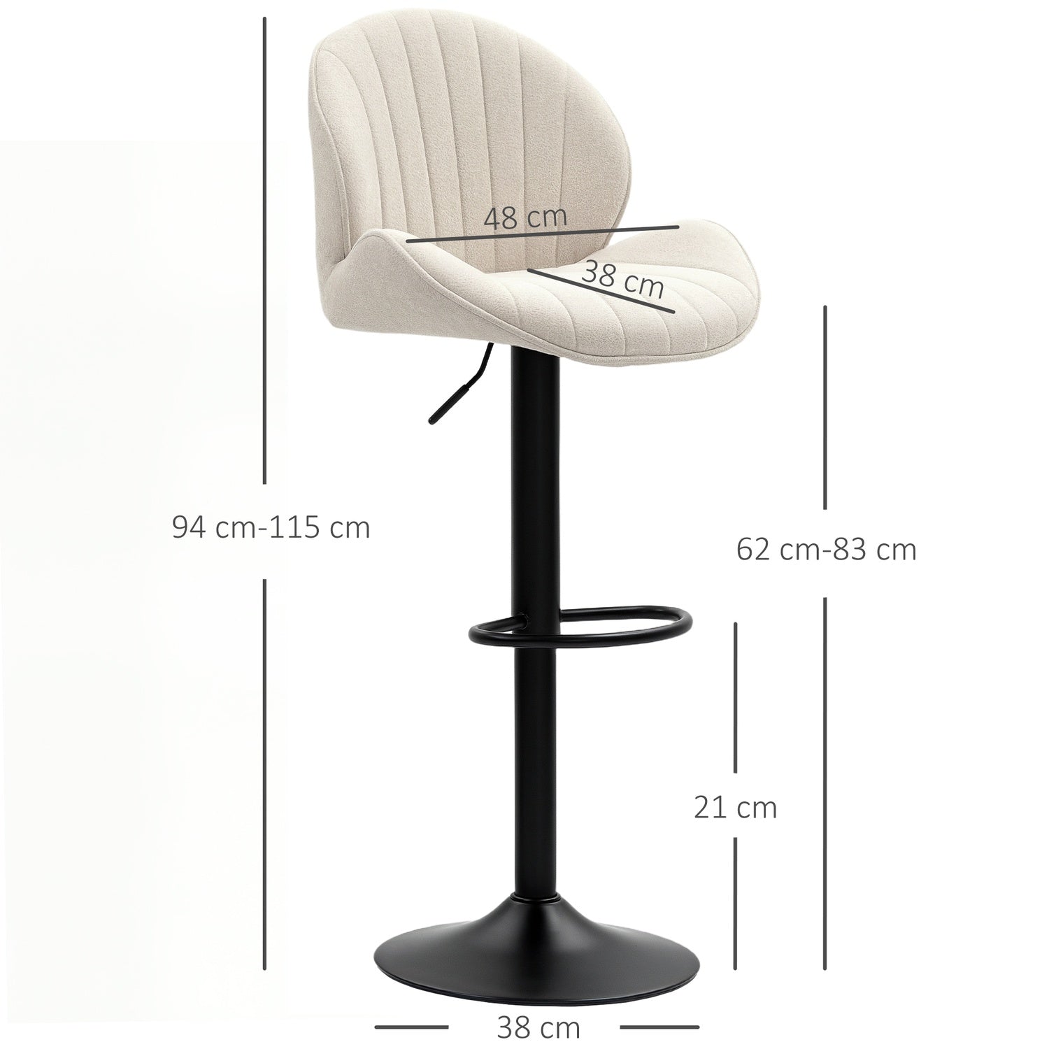 Set med 2 skalformade barstolar med justerbart ryggstöd och fotstöd, stålram, beige