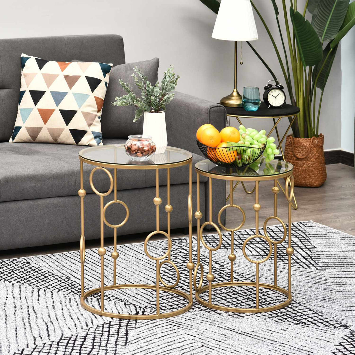 Sada 2 konferenčních stolků, odkládací stolky se skleněnými deskami, stolky do obývacího pokoje s obloukovým a kulovým designem, Ø41 × 57 cm, zlaté