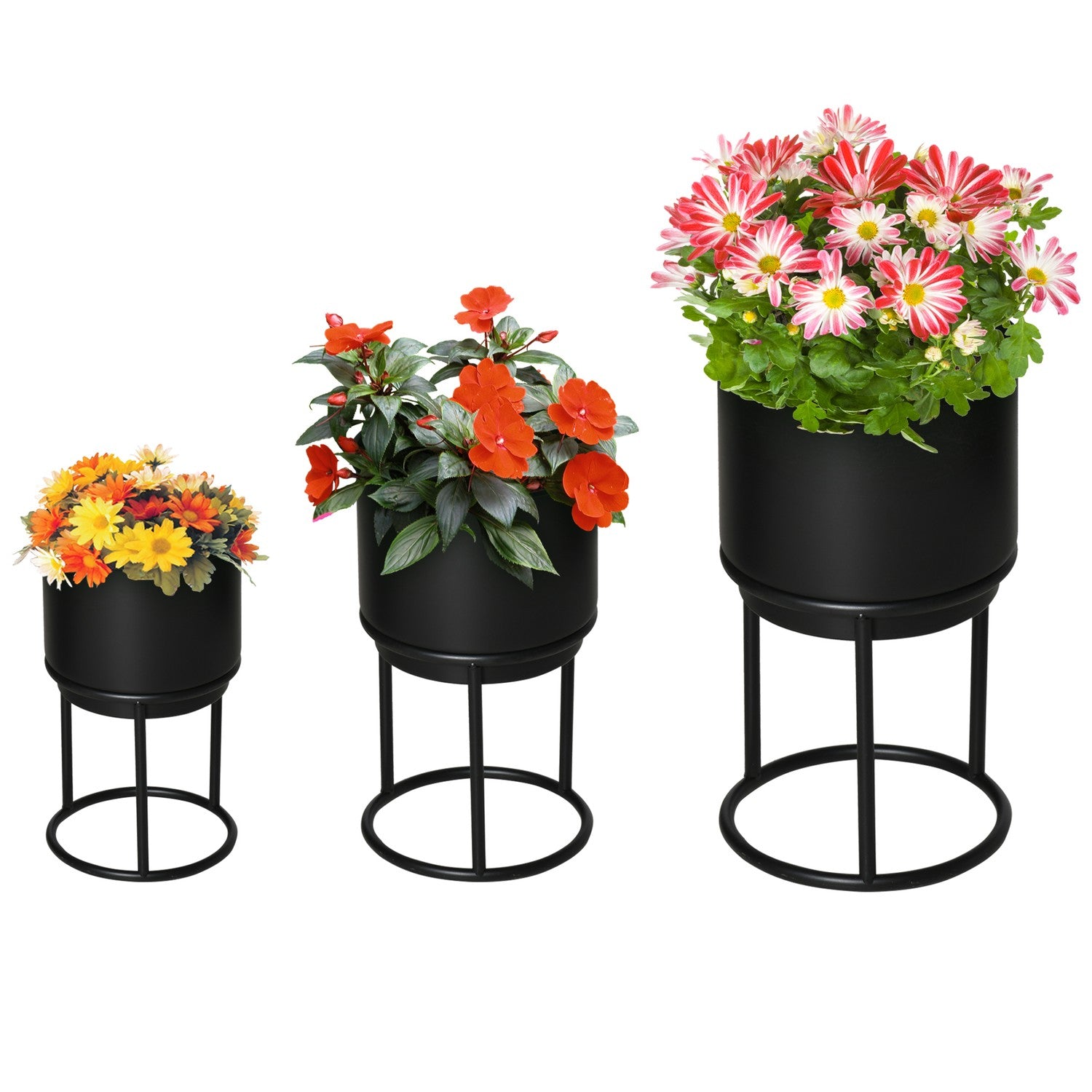 Set med 3 svarta stapelbara blomsterställ med krukor