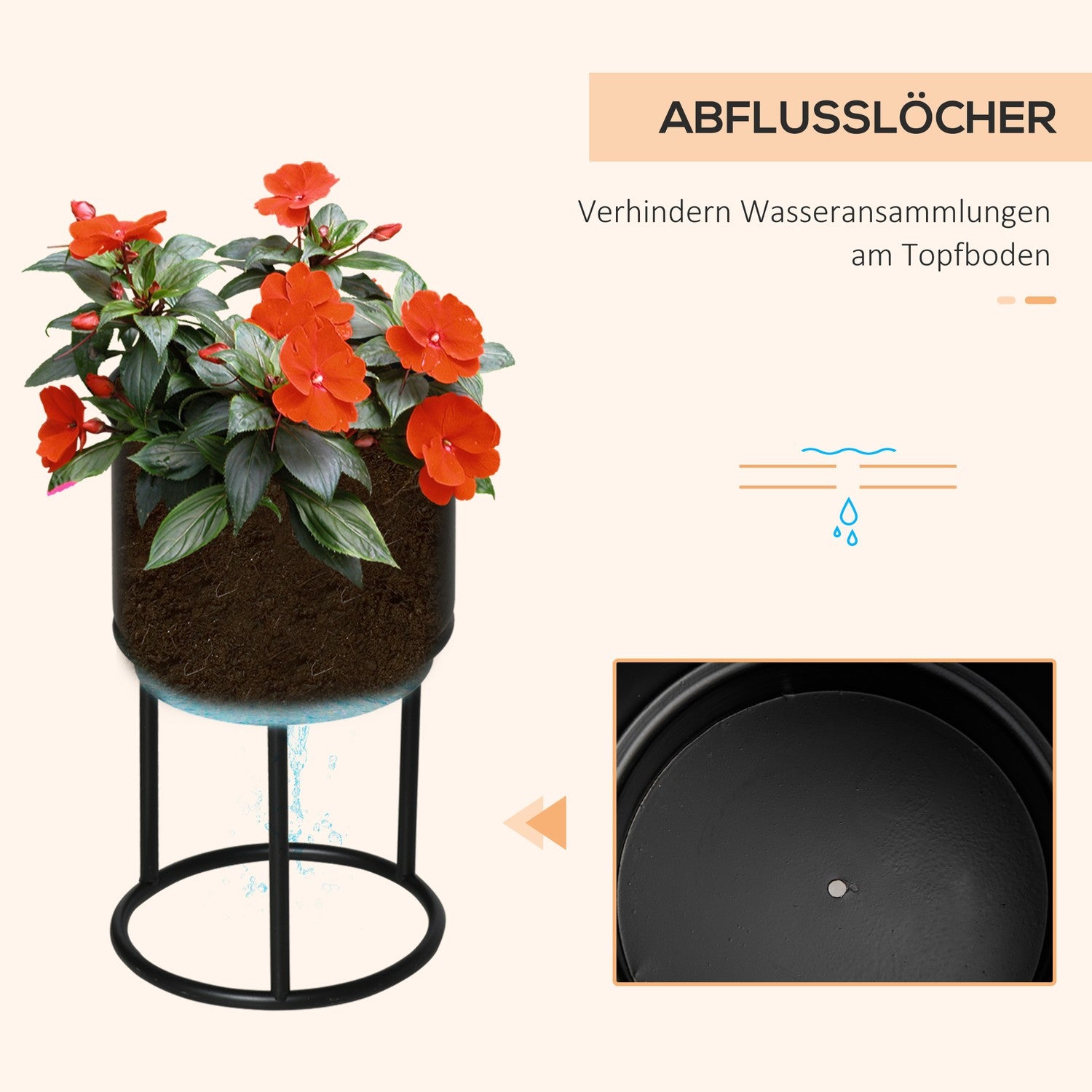 Set med 3 svarta stapelbara blomsterställ med krukor