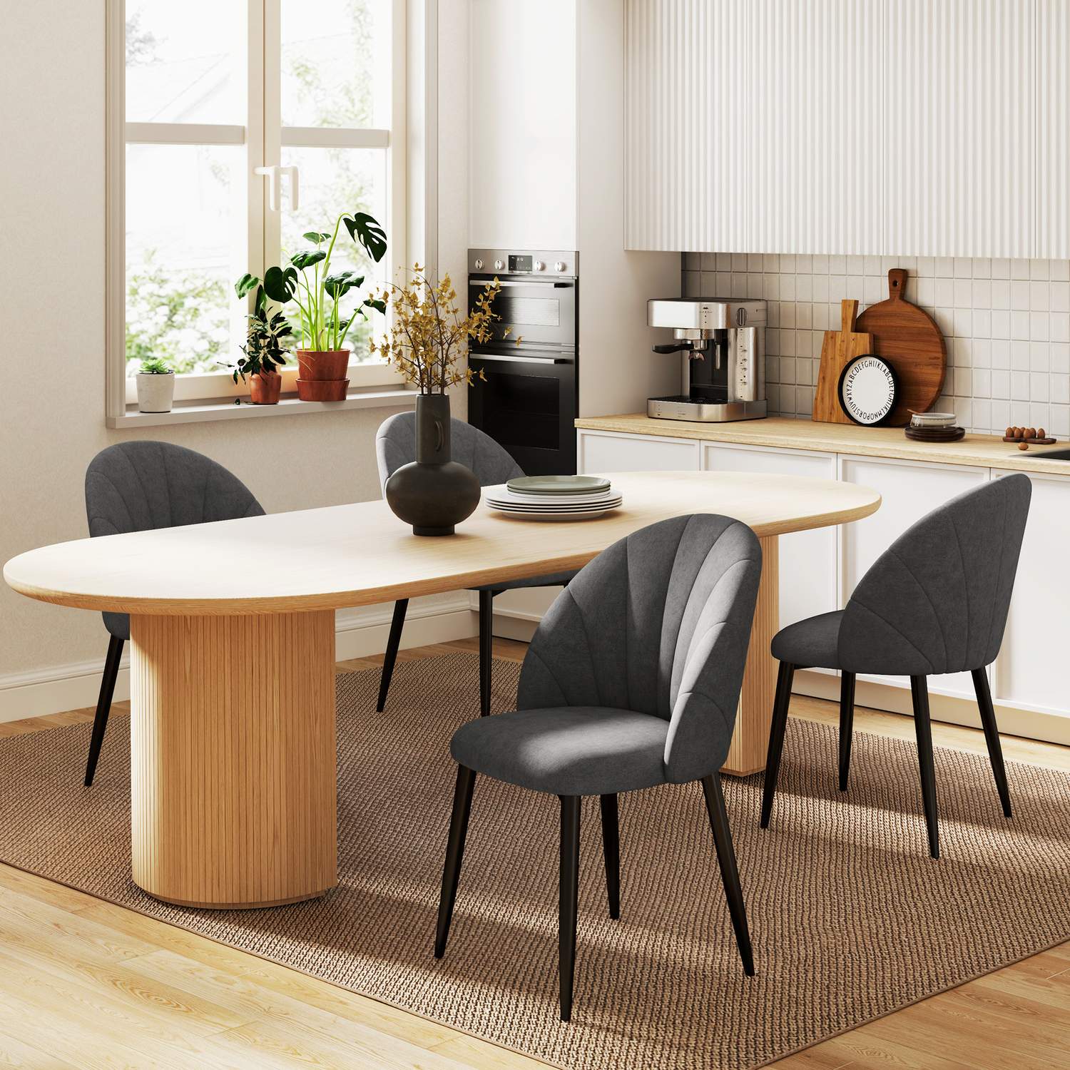 Set med 4 matstolar i sammet, ergonomiska, mörkgrå