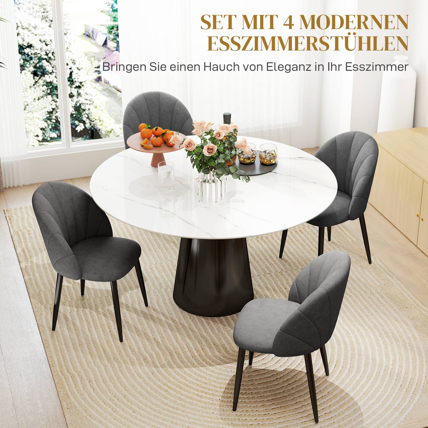 Set med 4 matstolar i sammet, ergonomiska, mörkgrå