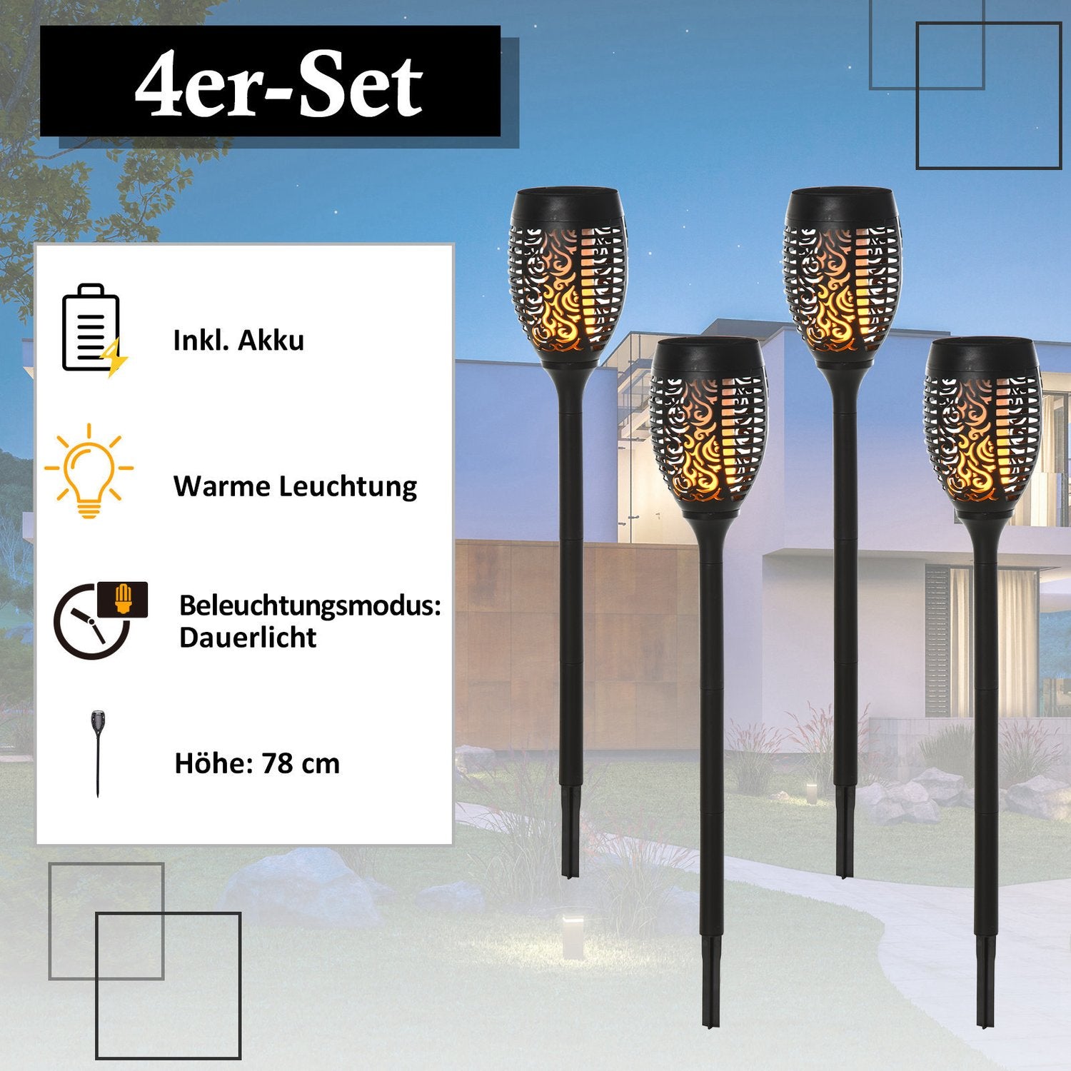 Set med 4 solar trädgårdslampor – 6-8H ljus, IP44, svart