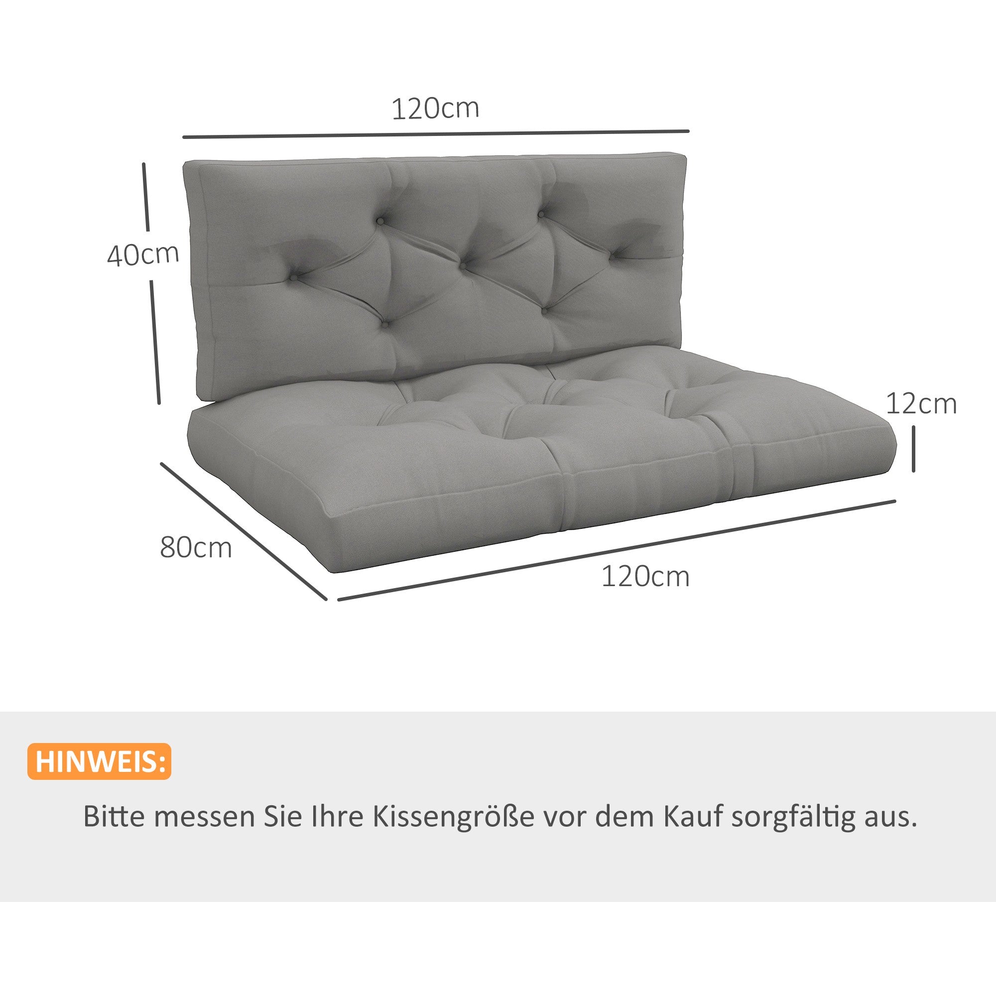 Set med utomhuskuddar, tuftade, 120x80x12 cm, ljusgrå