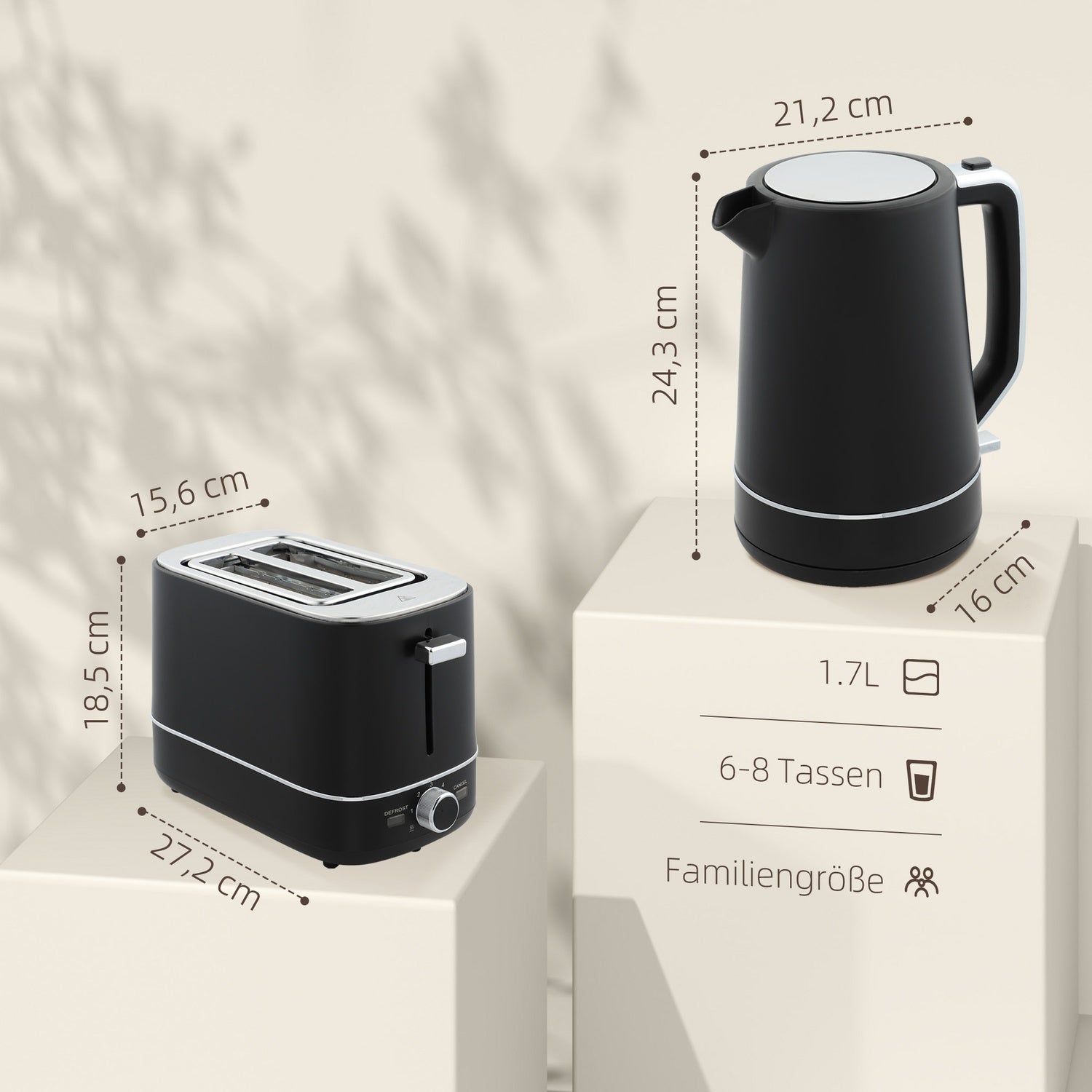 Sada rychlovarné konvice a toustovače – 2200W, 1,7L, 6 úrovní opečení, černá