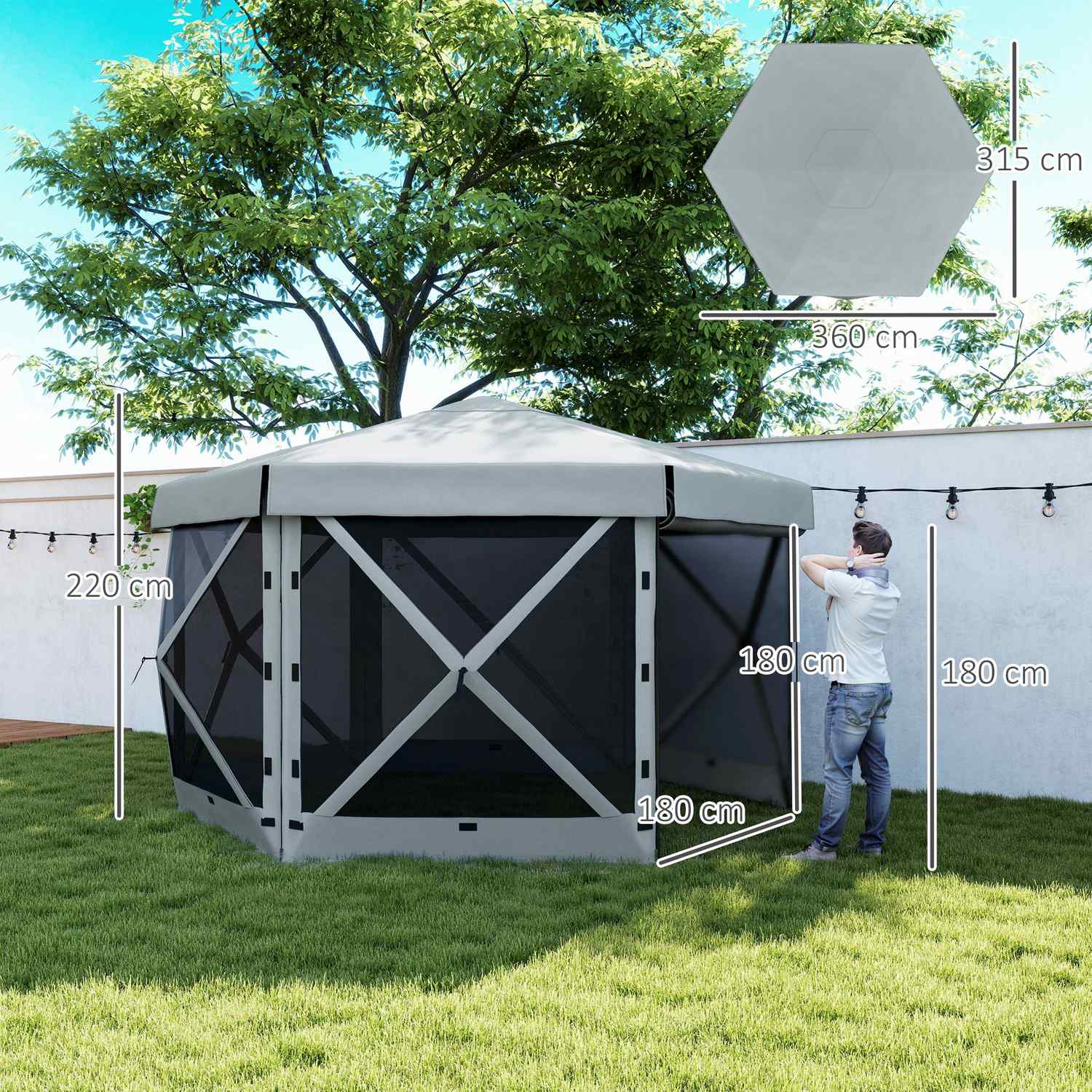 Šestihranný rozkládací altán 3,6 × 3 m, voděodolný stan s UV30+