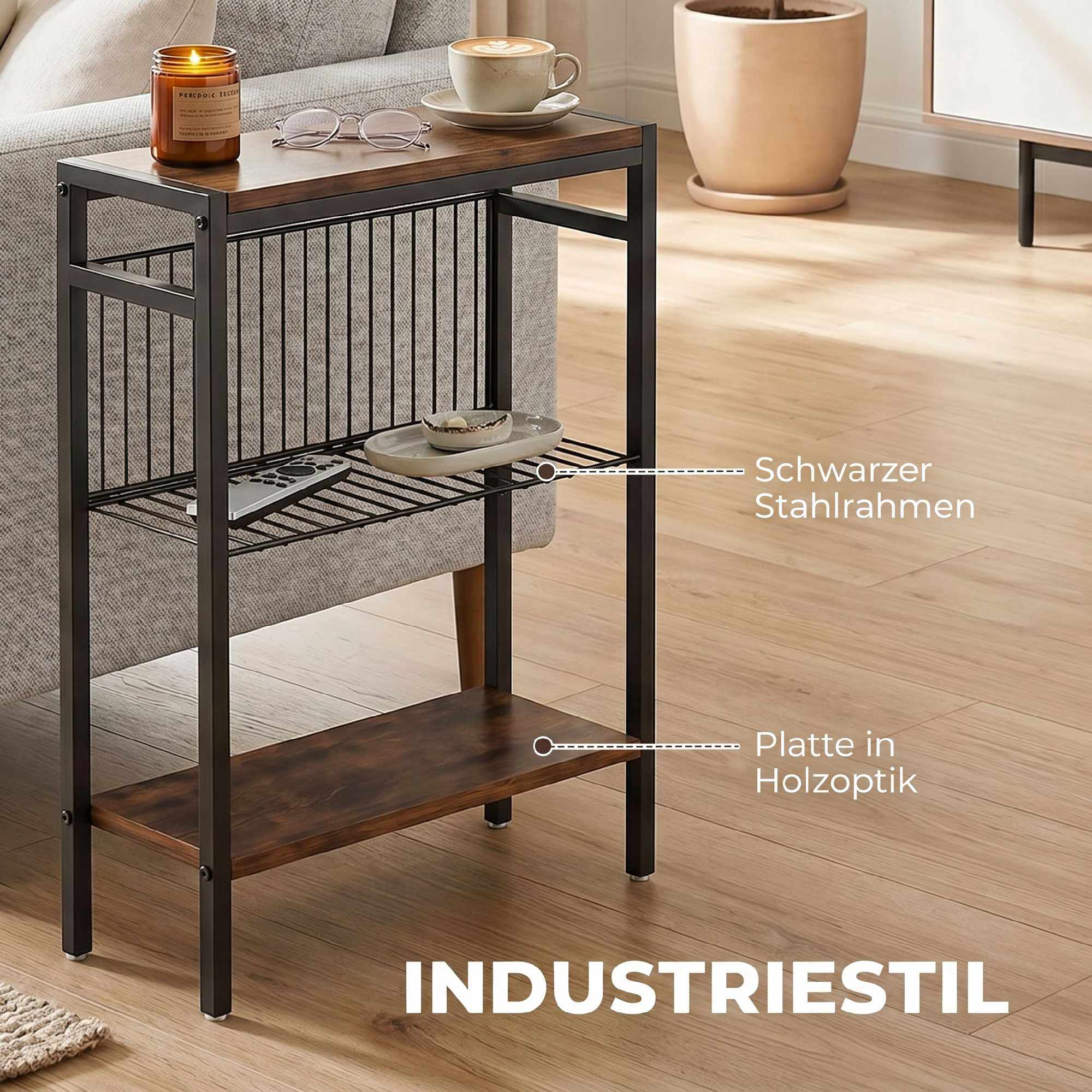 Sidobord med 3 hyllor, metallram, rustik brun