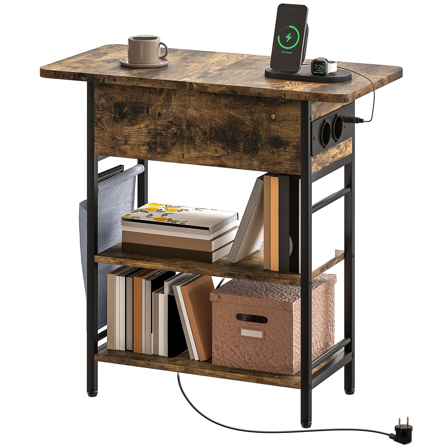 Sidobord med grenuttag, USB-portar, 2-lagers lagring, rustik brun