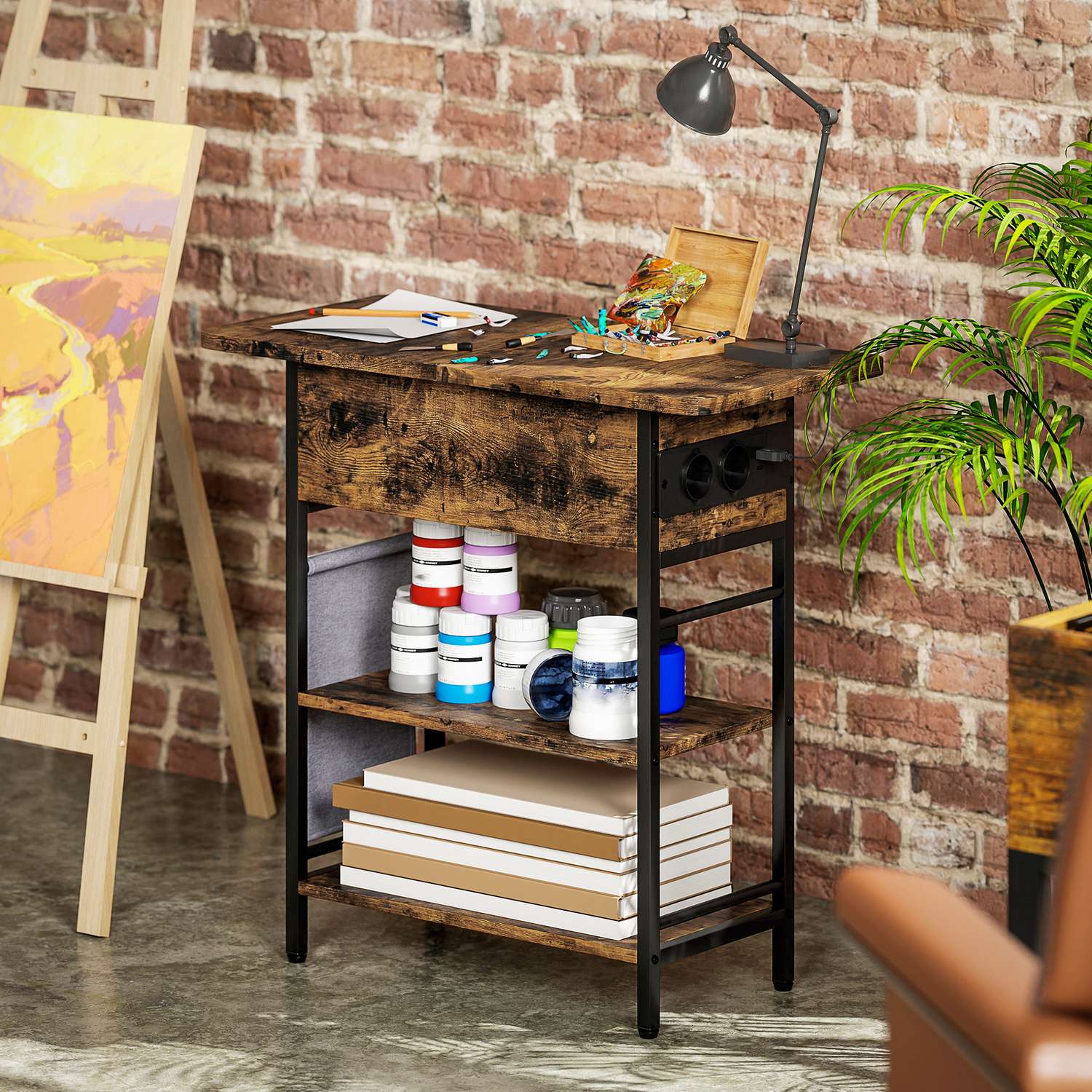 Sidobord med grenuttag, USB-portar, 2-lagers lagring, rustik brun