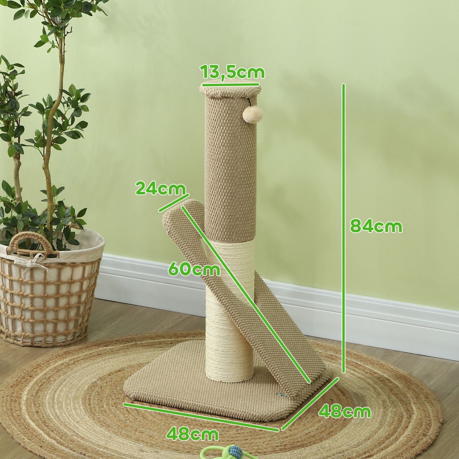 Sisalové kočičí škrabadlo s hracím míčkem, do interiéru, 84 cm