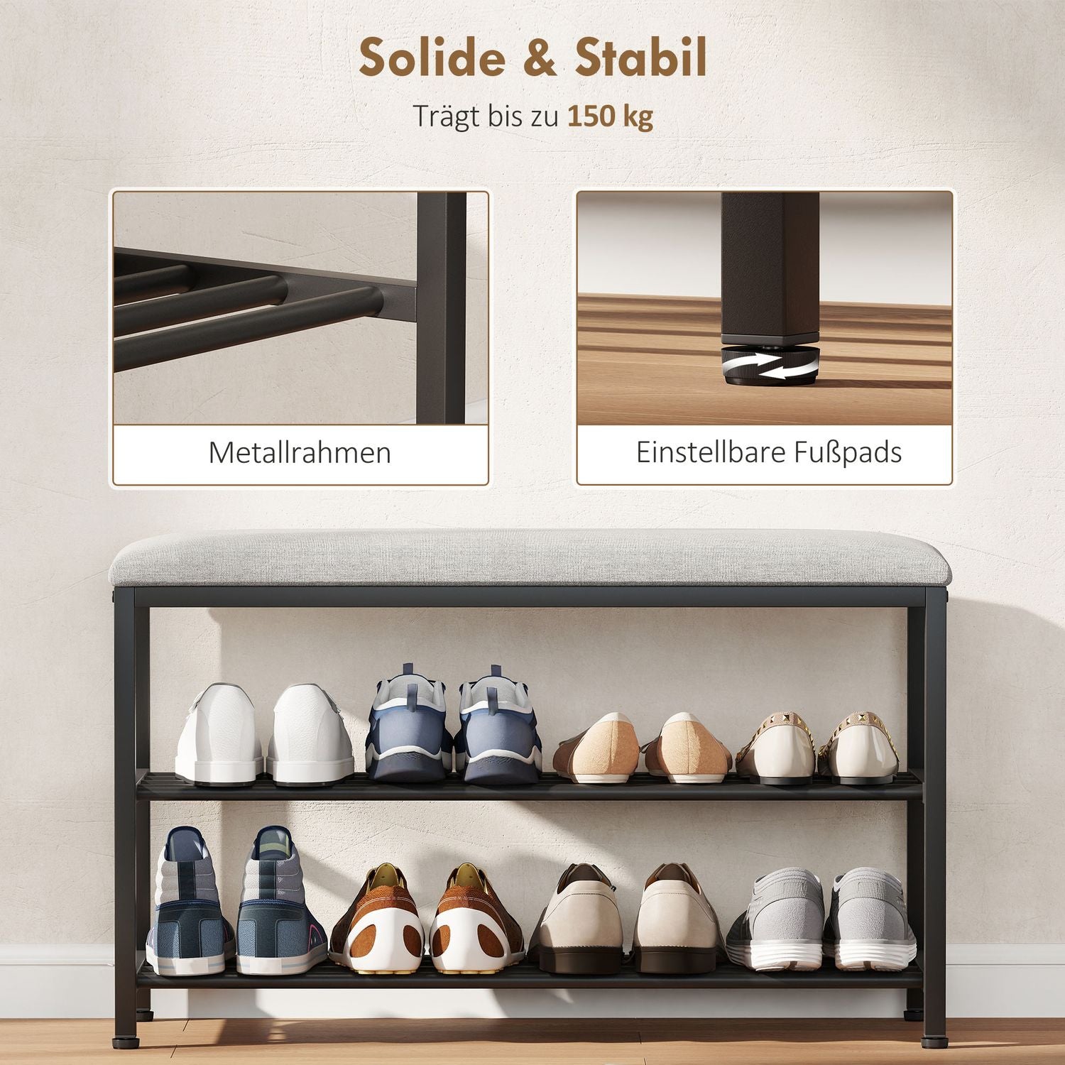 Sitzbank mit Staurum, Schuhregal, Schwarz, 81x31x50 cm