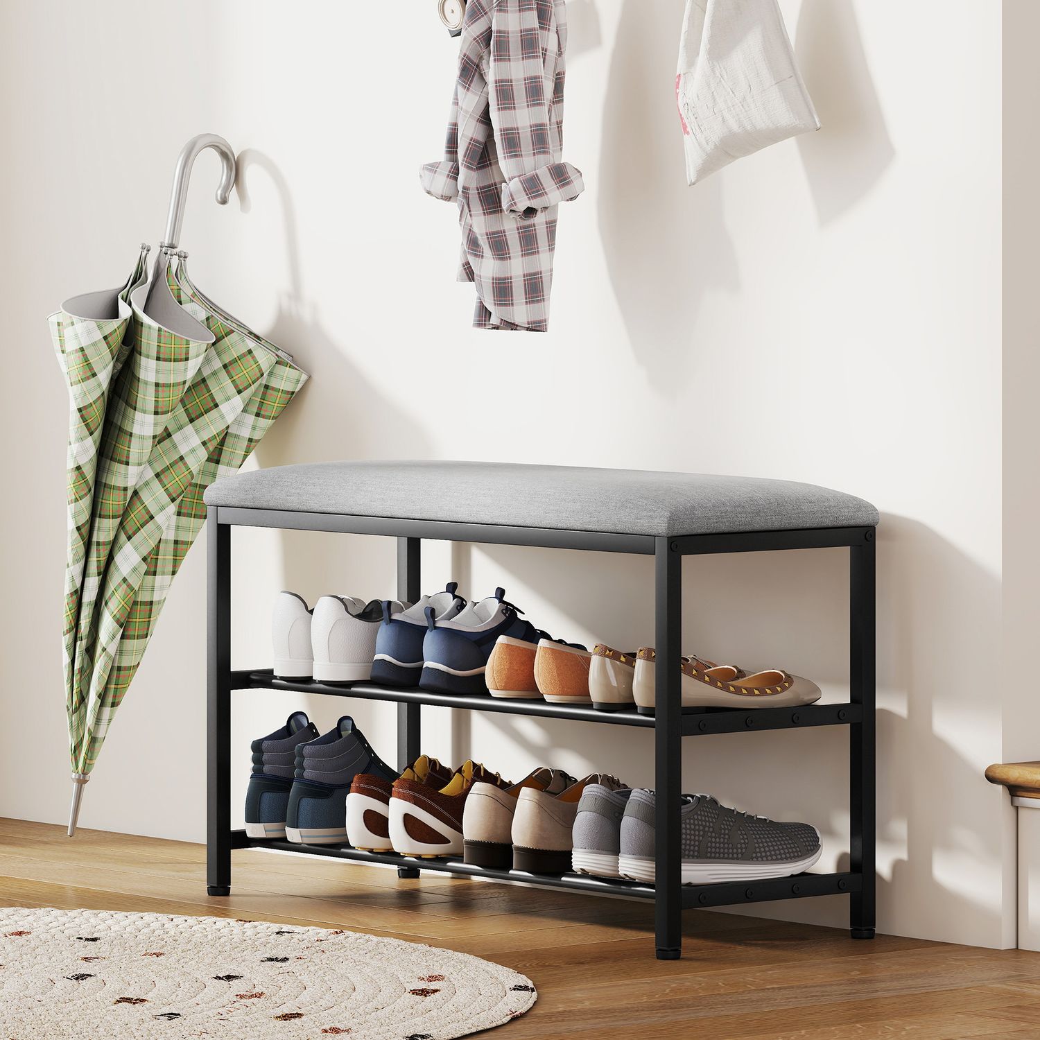 Sitzbank mit Staurum, Schuhregal, Schwarz, 81x31x50 cm