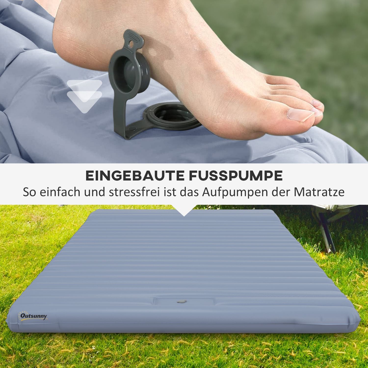 Självuppblåsande campingsovmatta för 2, fotpump, blå