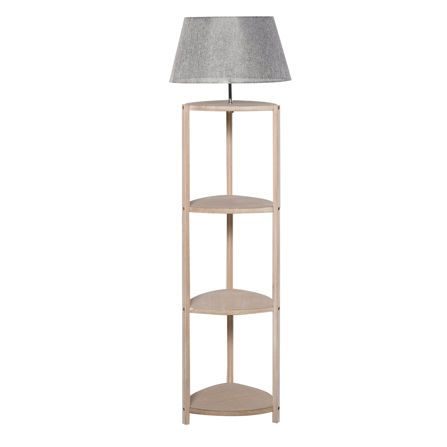 Skandinavisk golvlampa i trä med hylla och linneskärm