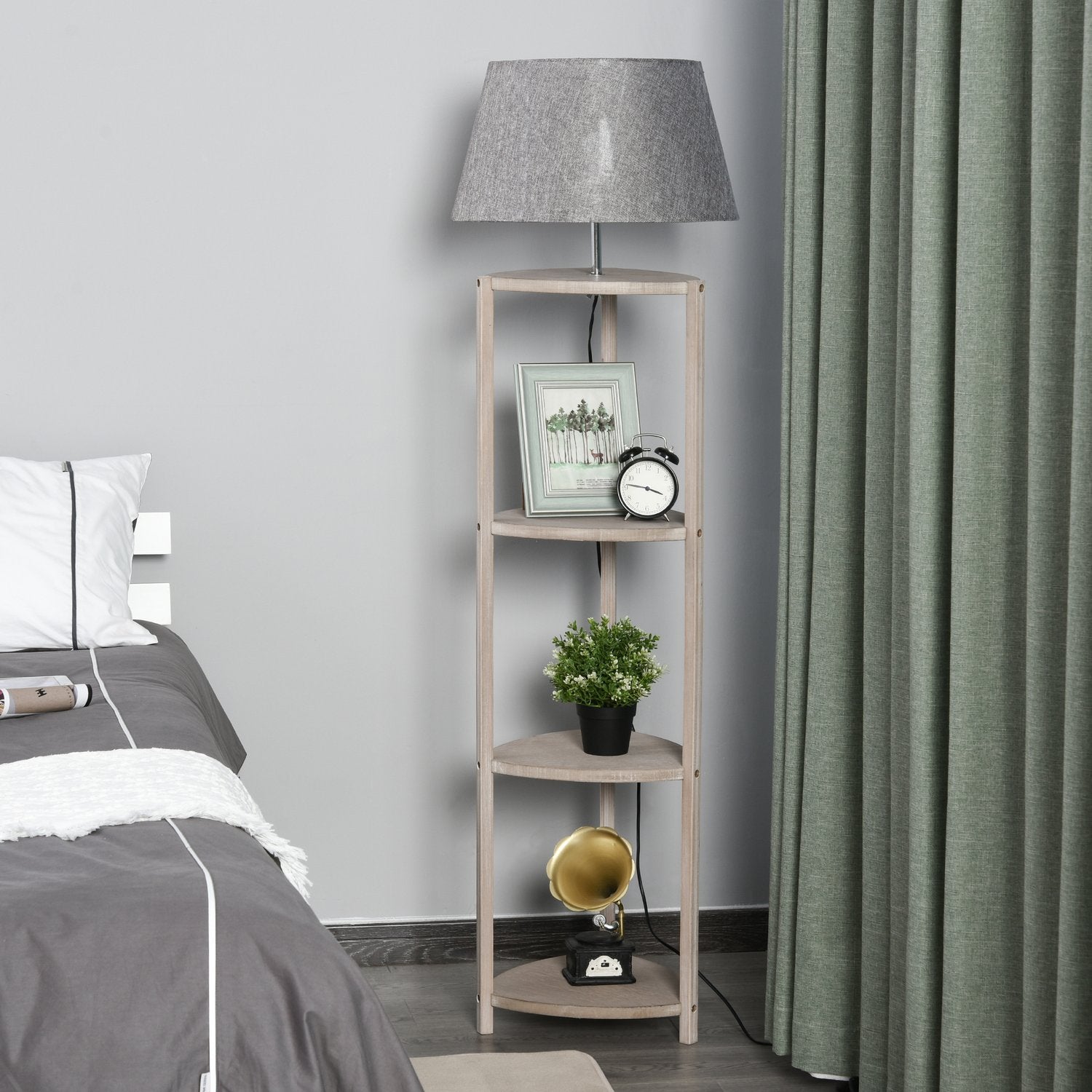 Skandinavisk golvlampa i trä med hylla och linneskärm