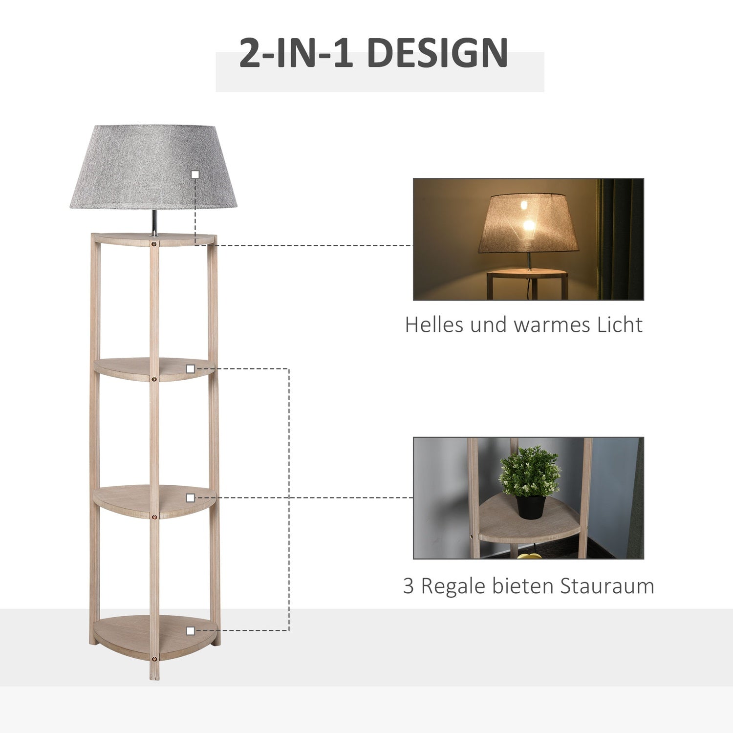 Skandinavisk golvlampa i trä med hylla och linneskärm