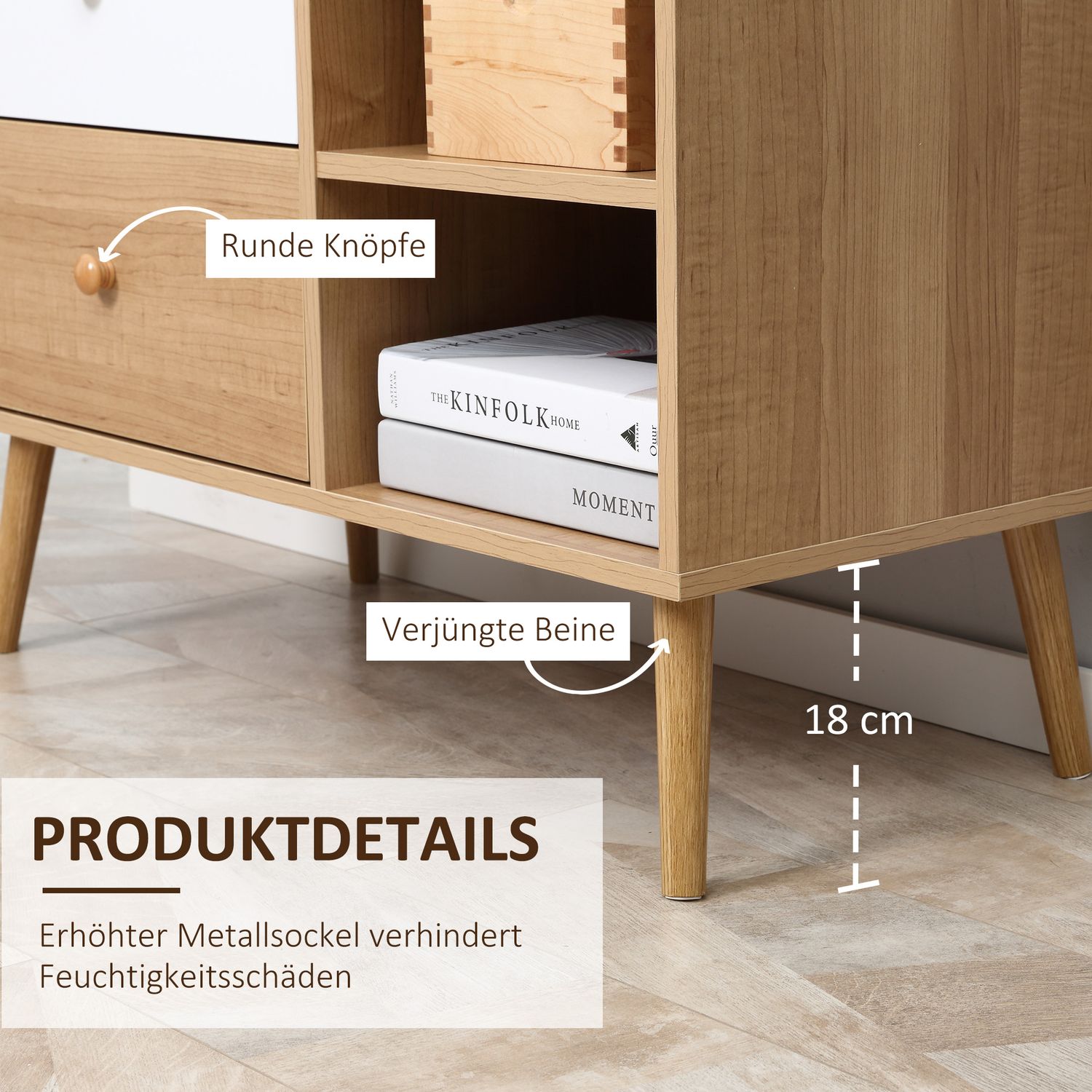 Skandinavisk skänk med 4 lådor, 2 hyllor, naturligt trä
