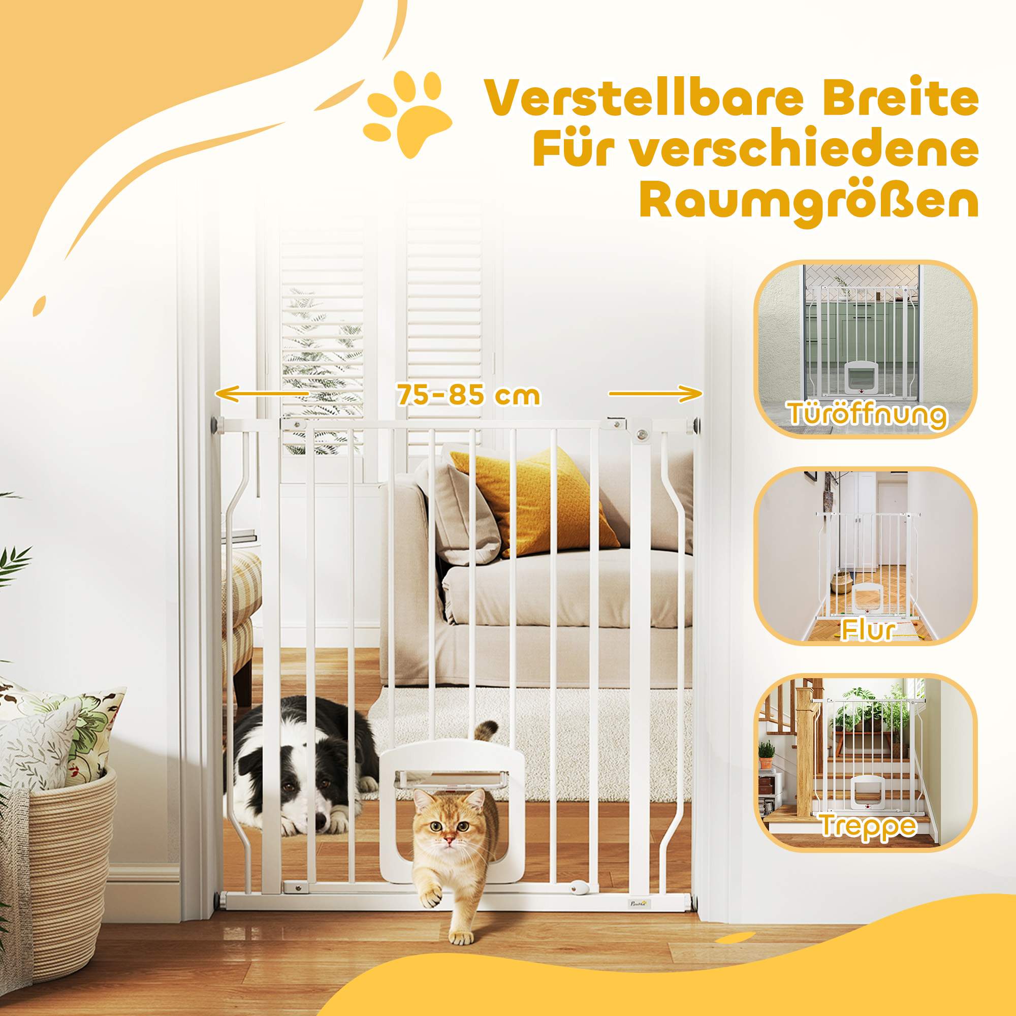 Säkerhetsgrind för husdjur med kattlucka, utan borr, 75-85 cm, stål