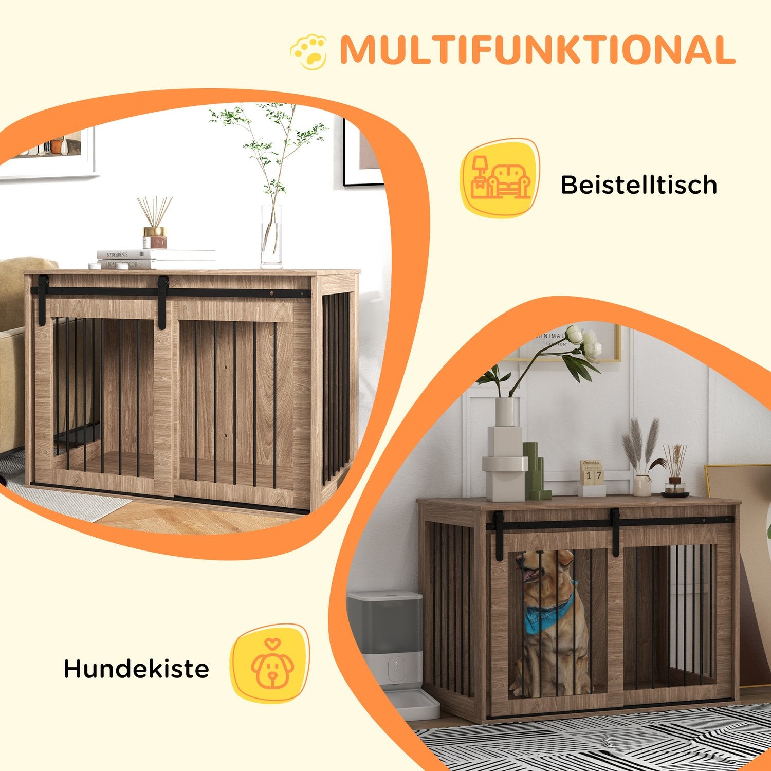 Skjutdörrshundbur – trälook, låsning, stor 30 kg
