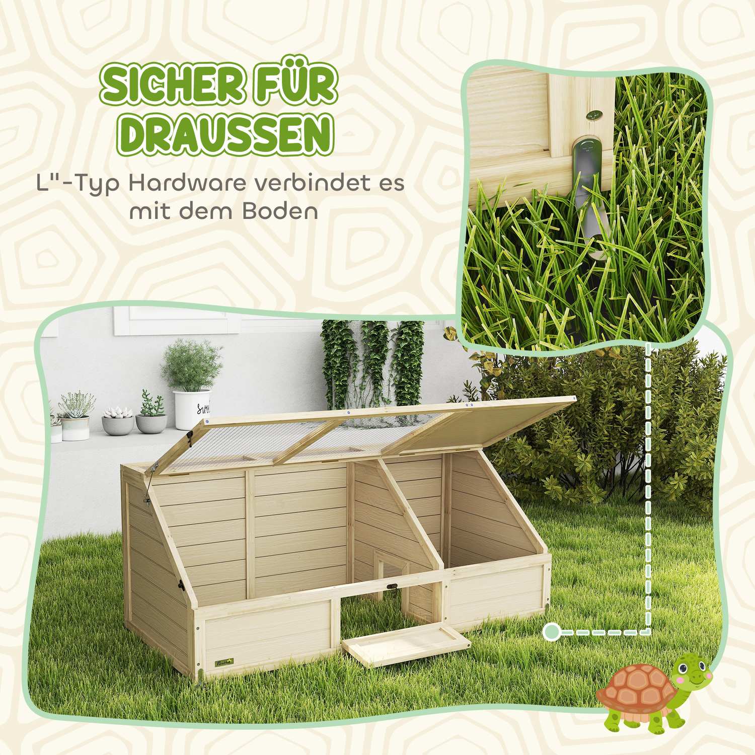 Sköldpaddsgård för utomhusbruk, öppen basdesign
