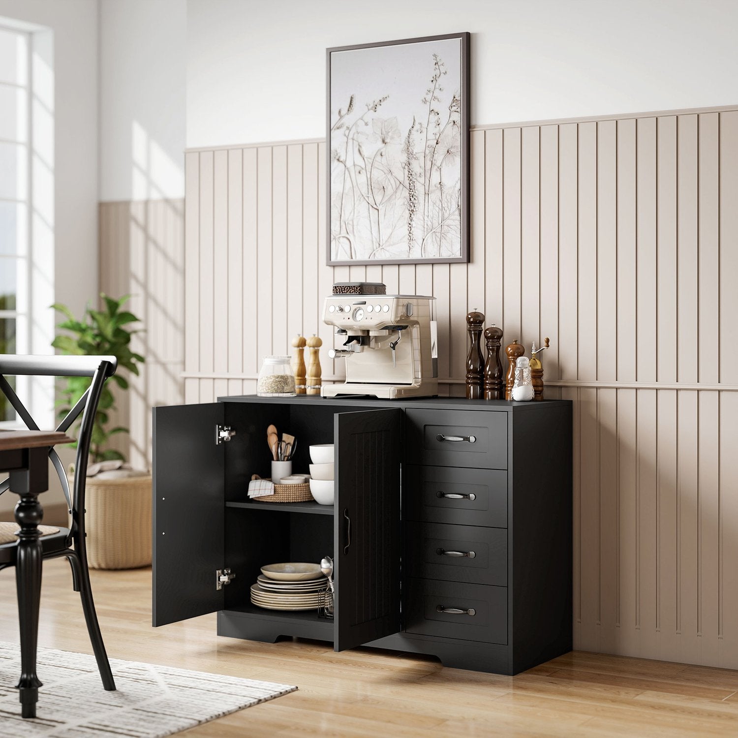 Skänk, modern stil, 4 lådor, 1 skåp, svart