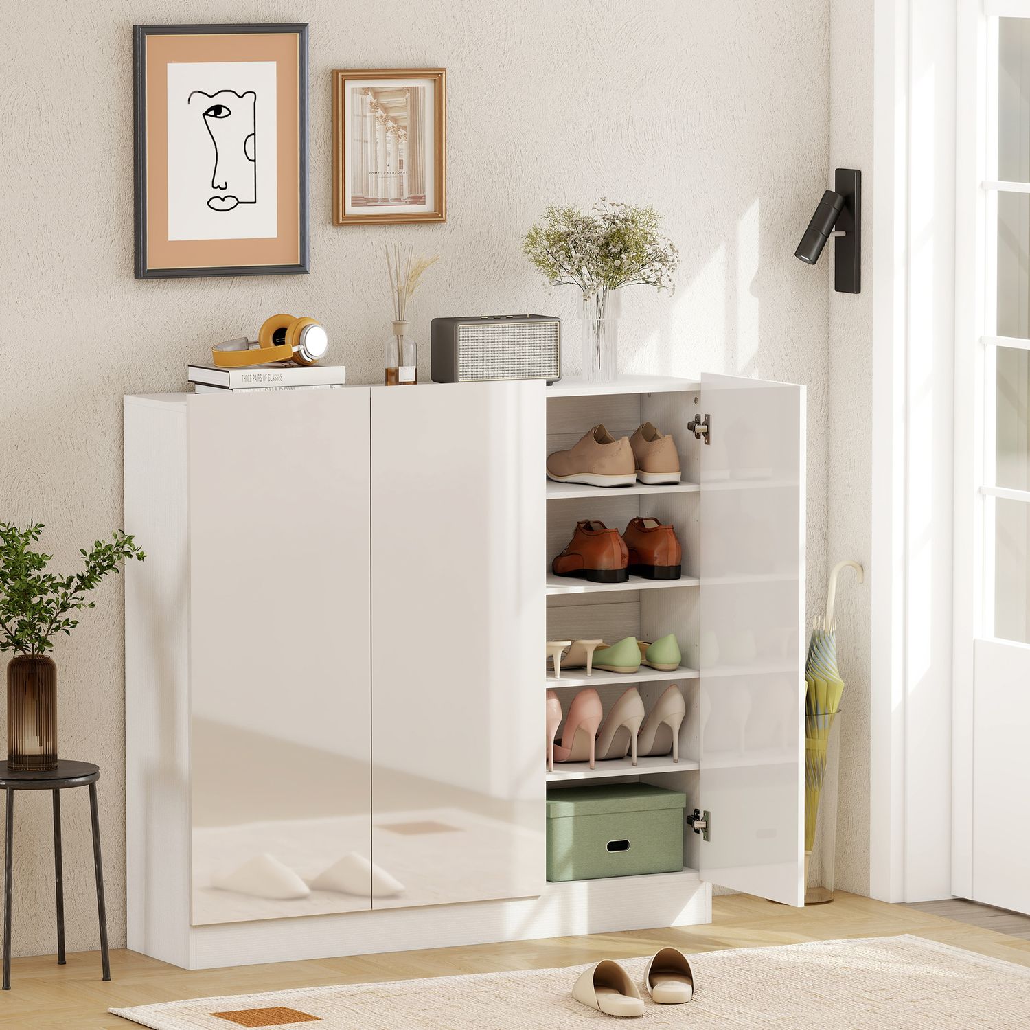 Skoskåp, 10 hyllor, ventilation, mjukstängning, vitt trä