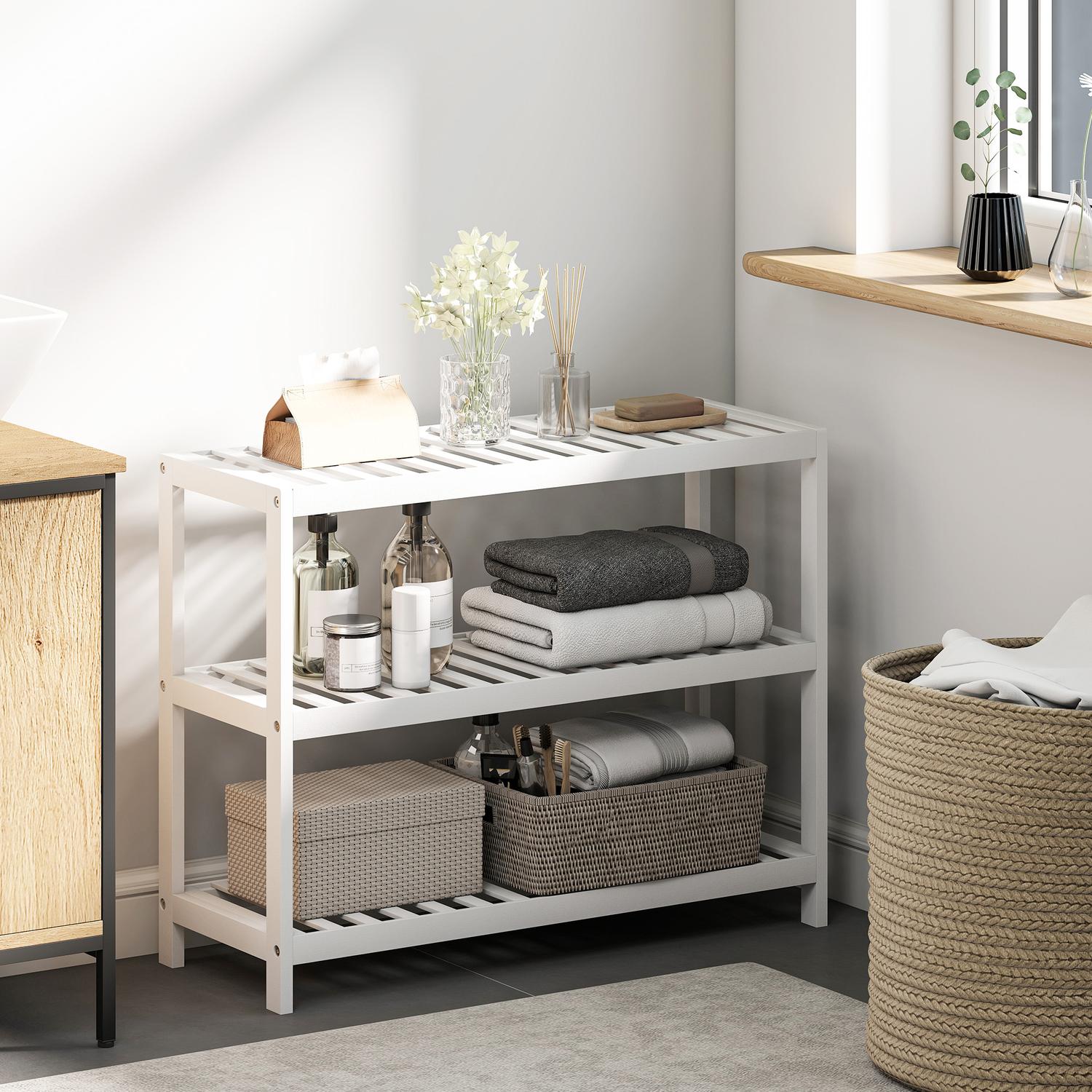 Skoställ i bambu, 3-vånings, vit finish, 70x26x55 cm