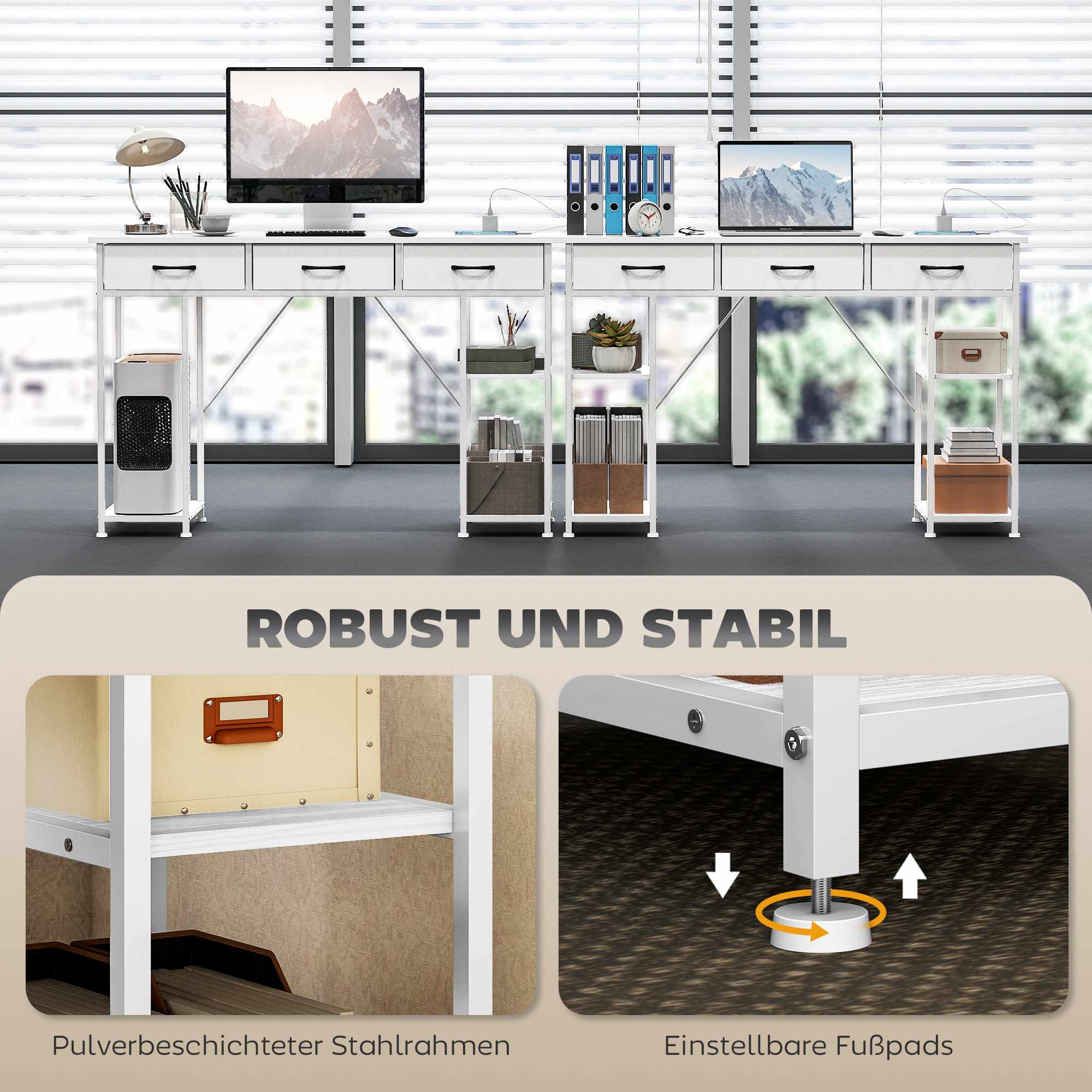 Skrivbord med laddningsstation, förvaringslådor och hyllor