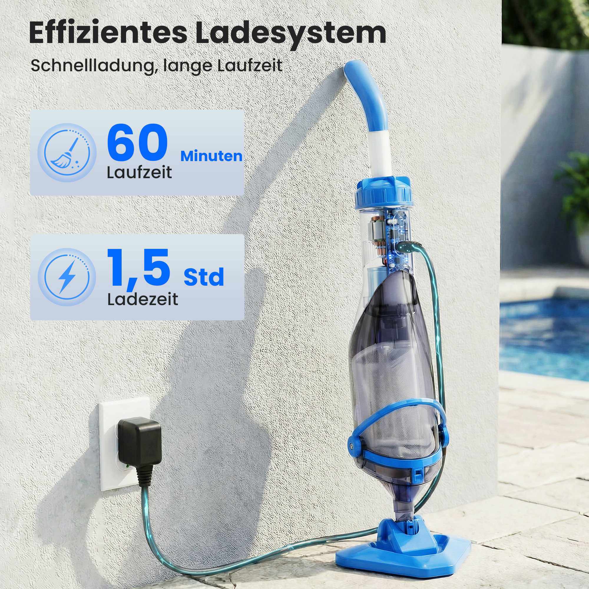 Sladdlös pooldammsugare, 40W motor, teleskopstång
