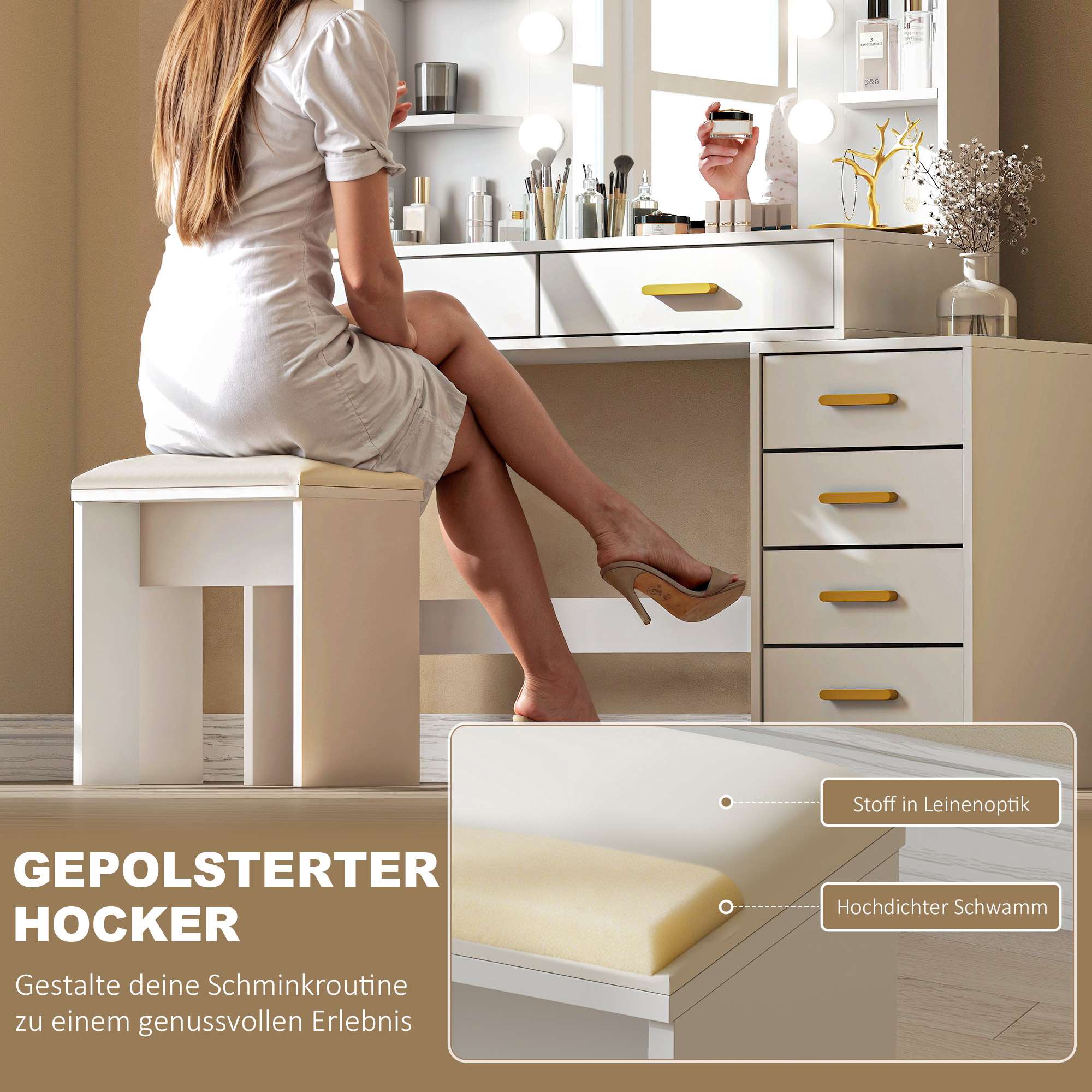 Sminkbord med LED-spegel och stoppad pall, vit