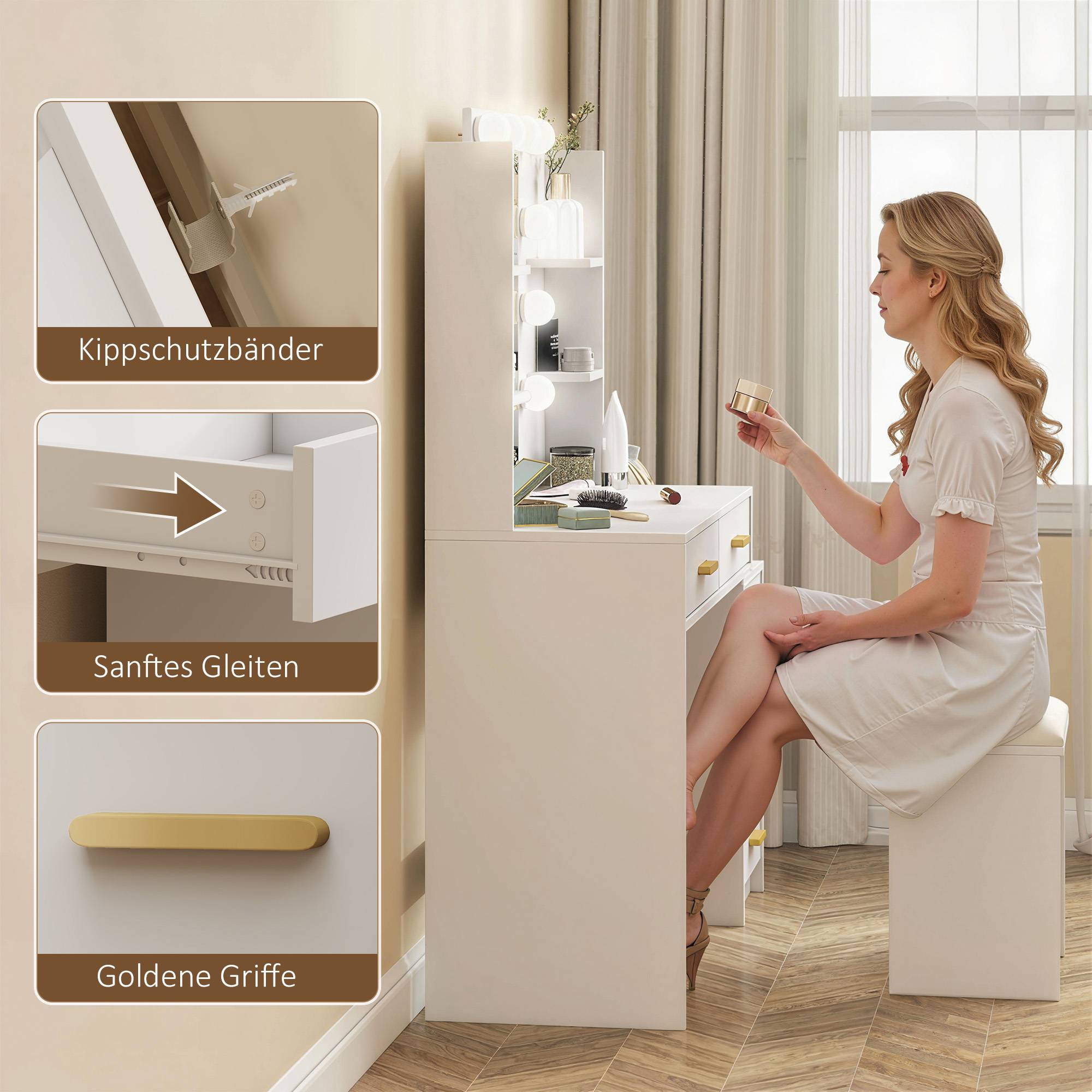 Sminkbord med LED-spegel och stoppad pall, vit