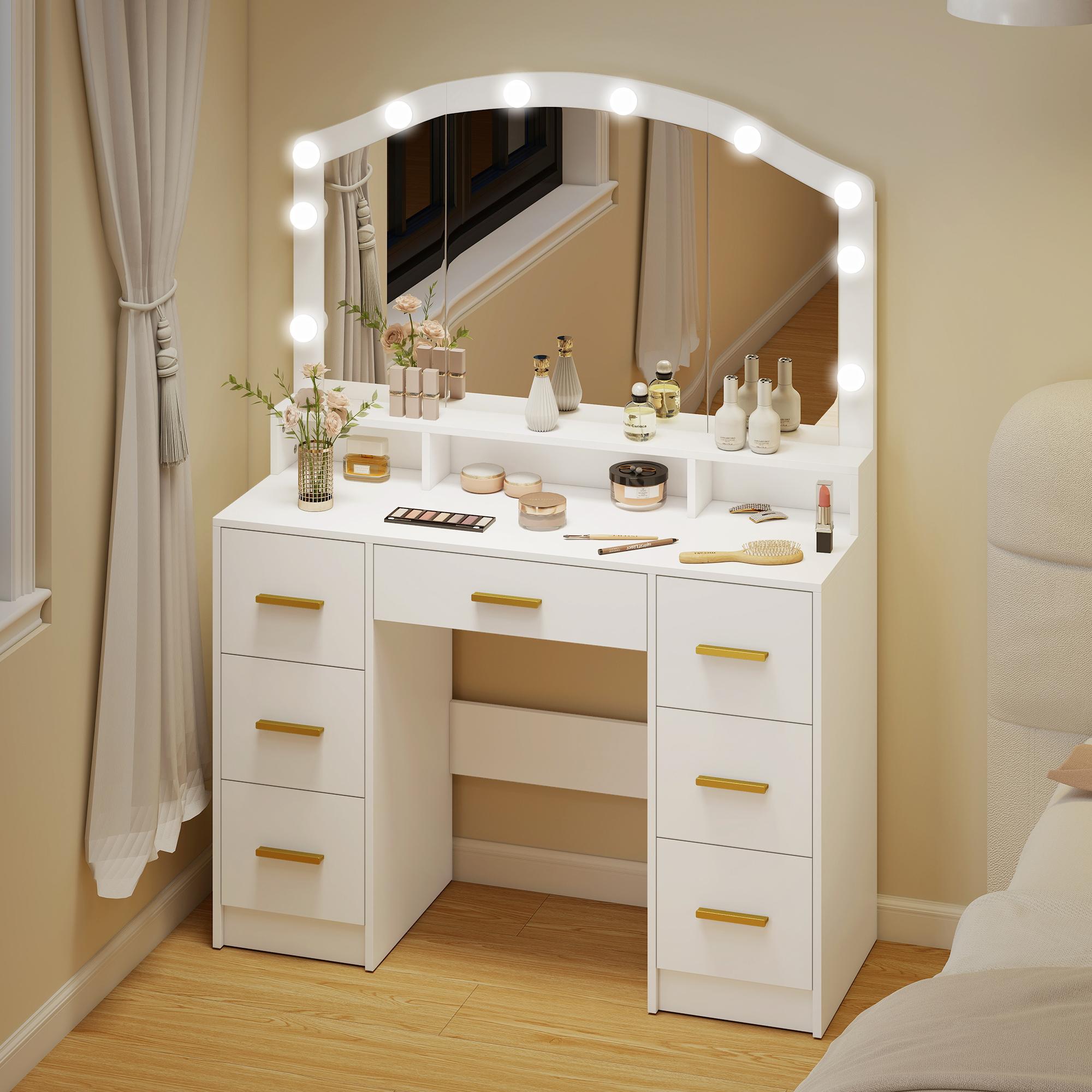 Sminkbord med spegel, 10 LED-lampor, 7 lådor, vit MDF