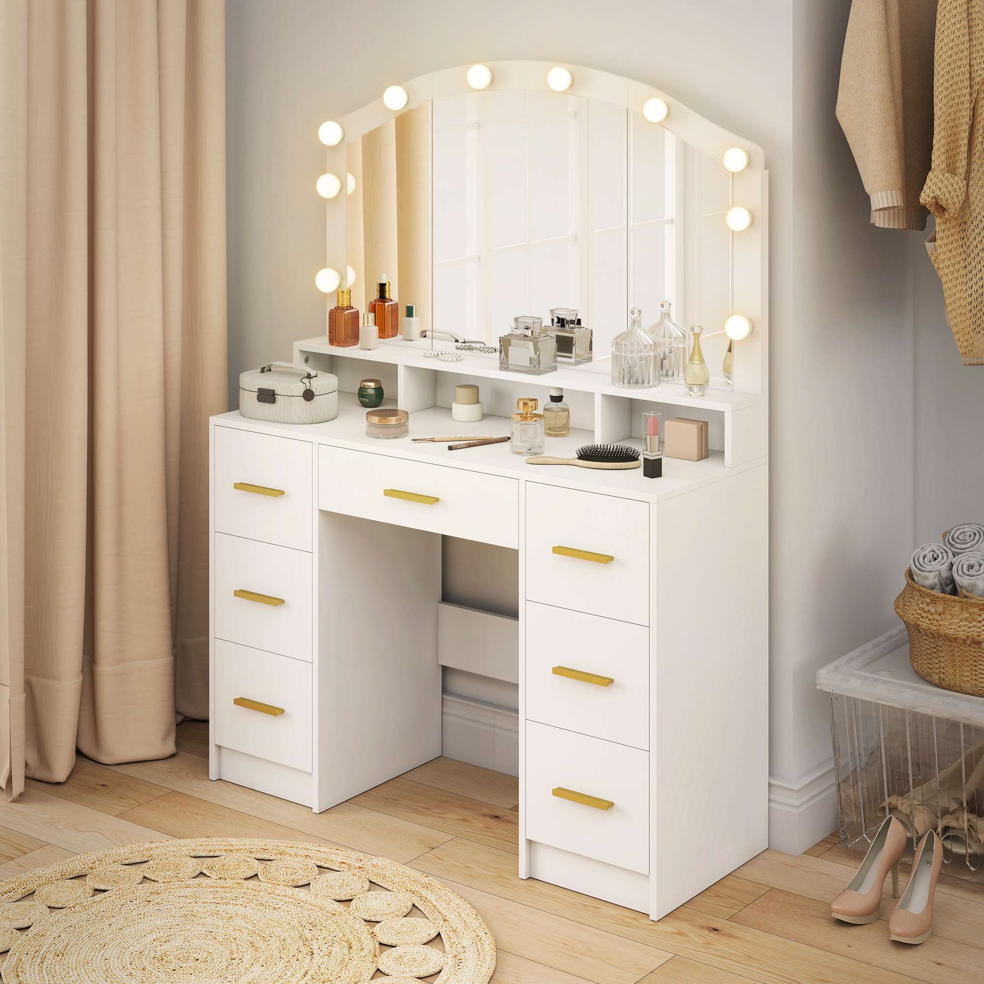 Sminkbord med spegel, 10 LED-lampor, 7 lådor, vit MDF