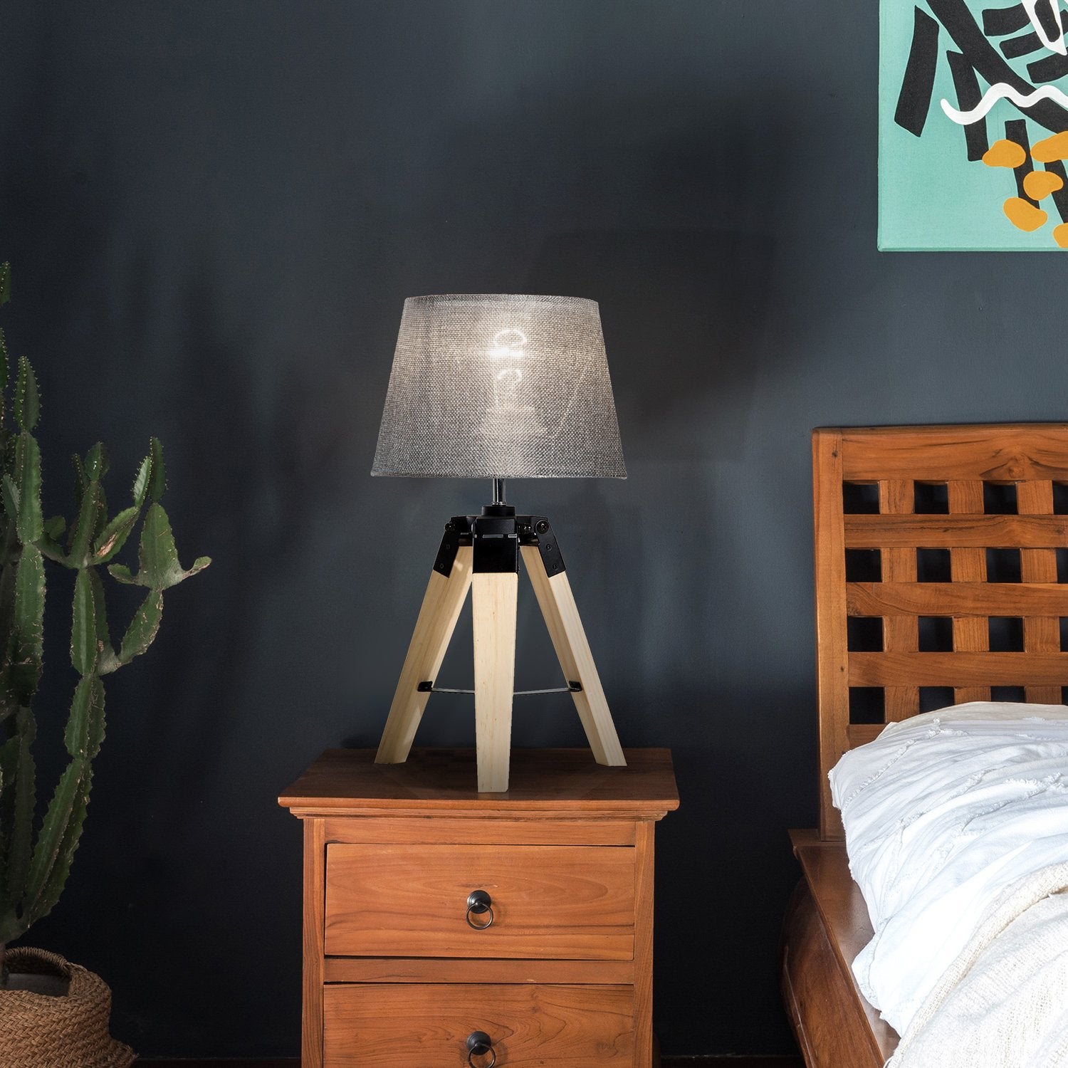 Sängbordslampa i grå linnelook, Furu & Polyester, E27