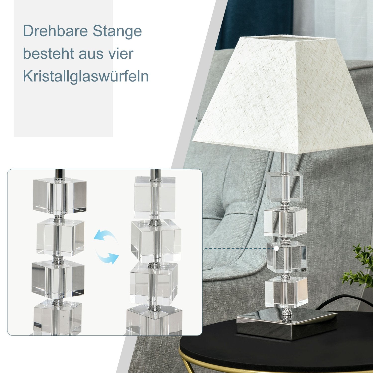 Sängbordslampa, roterande kristallkub, gräddvit