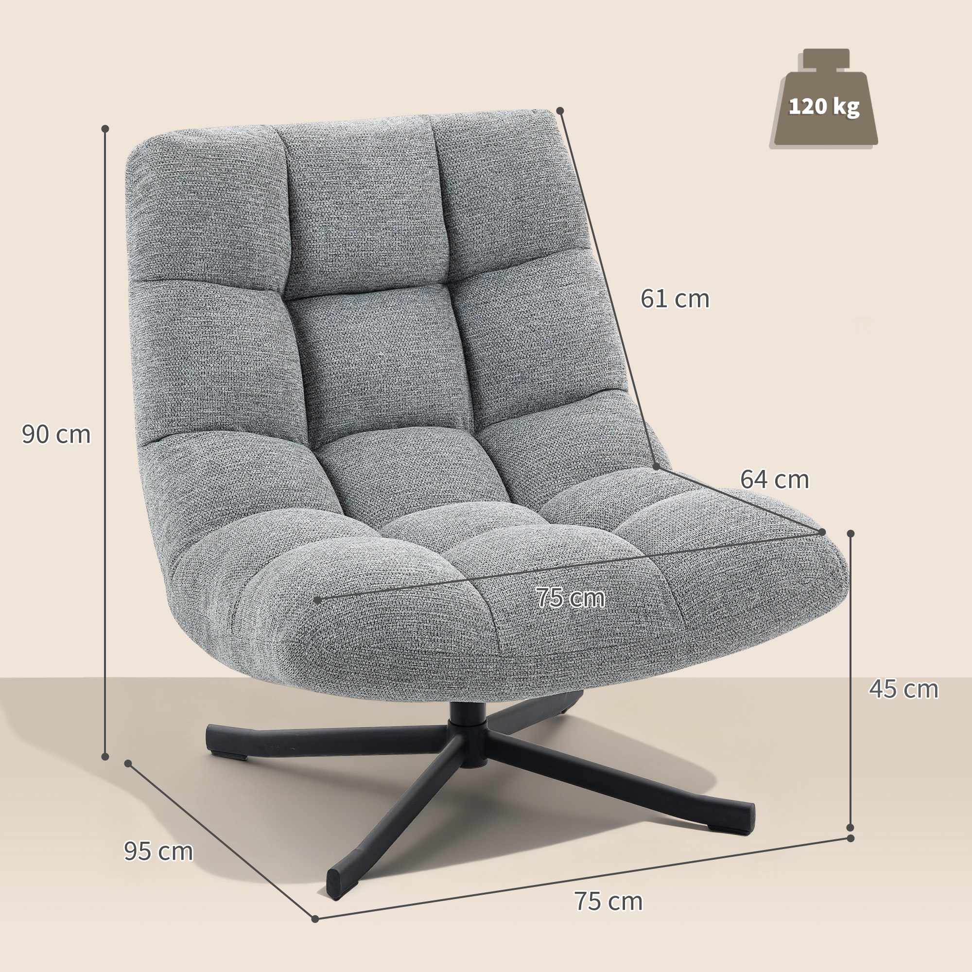 Snurrfåtölj, armlös bred sits, grå chenille