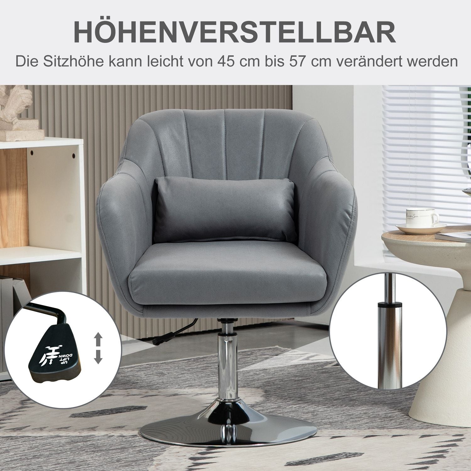 Snurrstol, höj- och sänkbar kontorsstol, polyester, metall, 60 x 60 x 79-91 cm, mörkgrå